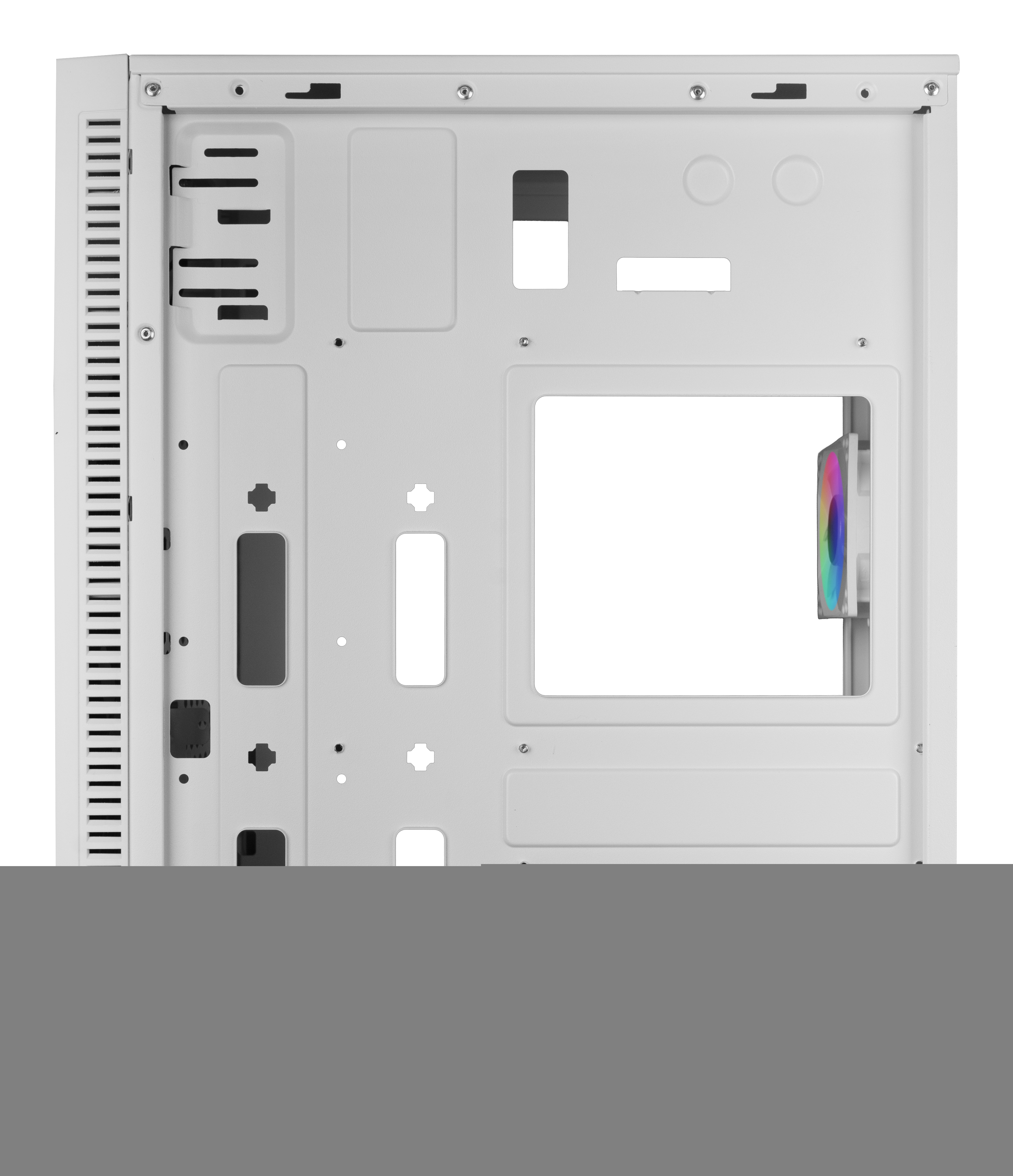 Dettaglio interno del case del computer, che mostra i punti di montaggio e una sezione del lato con ventilazione.