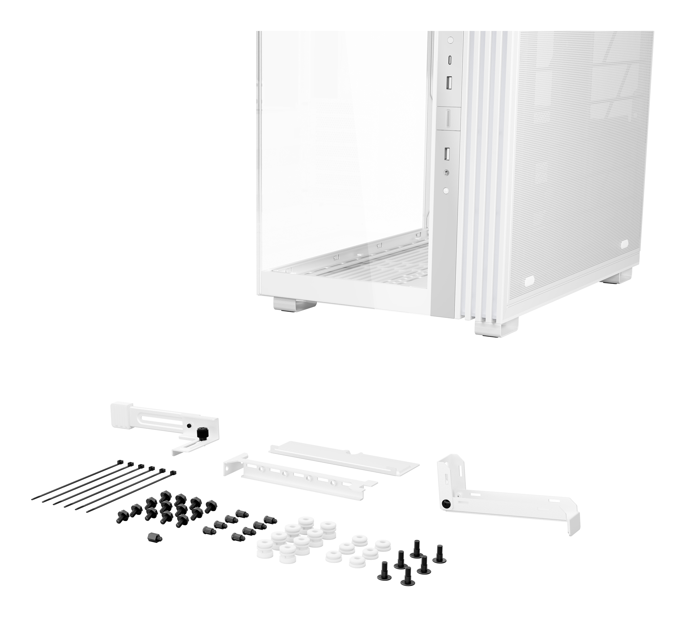 White PC case frame and components. Parts include brackets, screws, and cable ties.