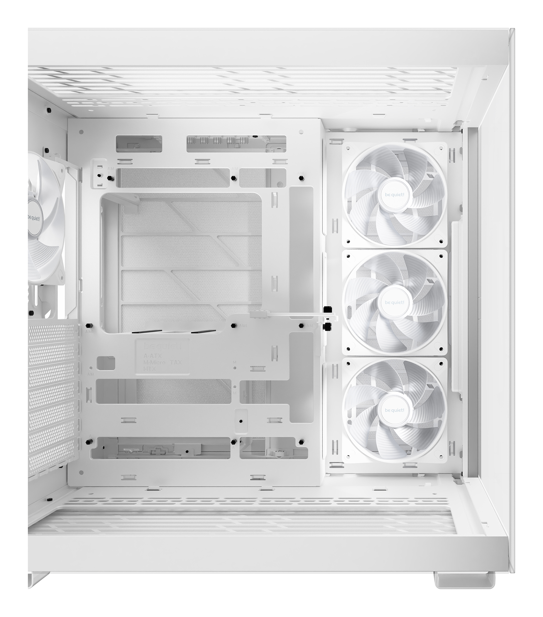 White computer case interior with fans. Three fans on the right, a fan on the left, and space for components in the middle.