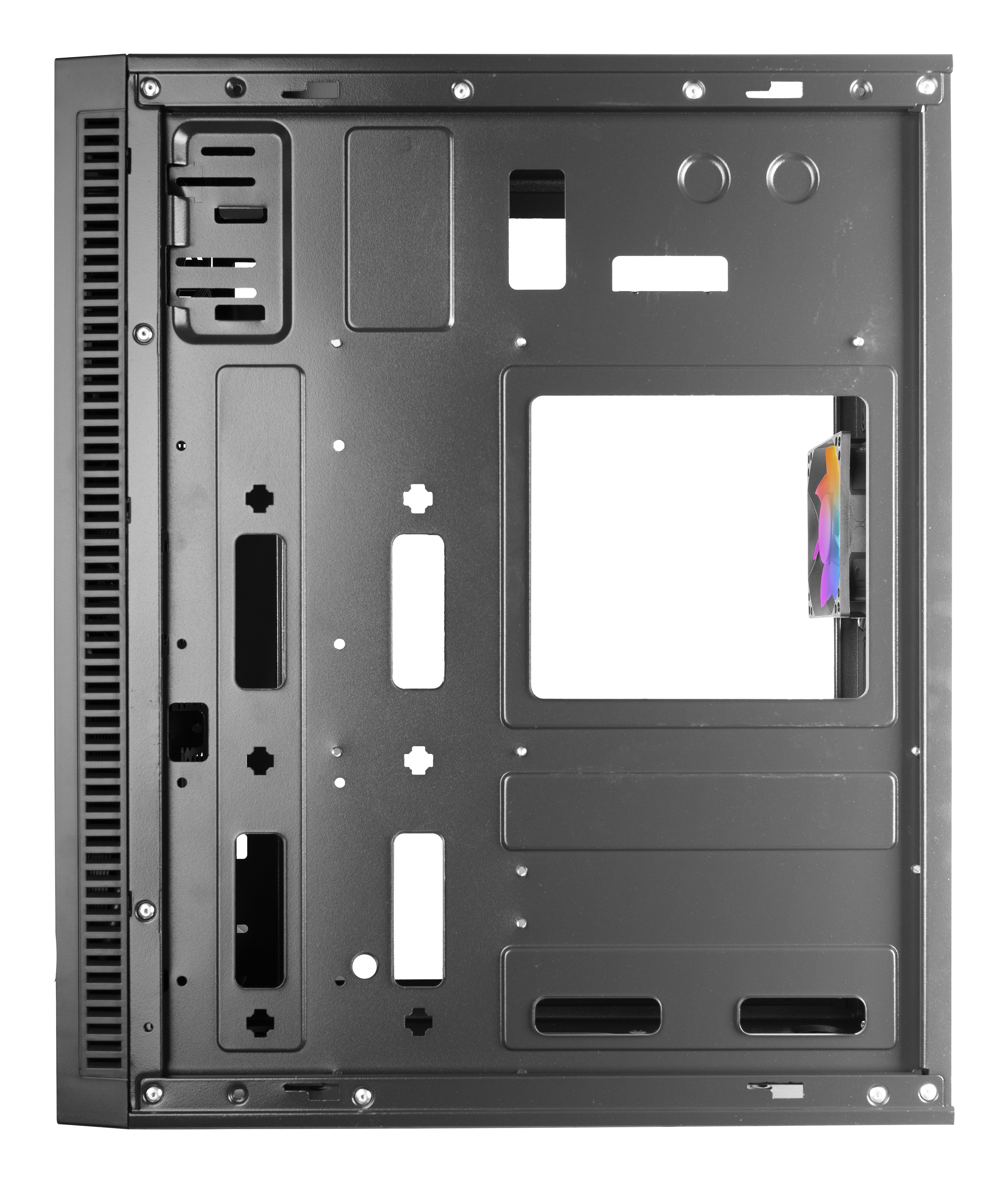 Pannello posteriore del case del PC nero. Fori per componenti e montaggio ventola.