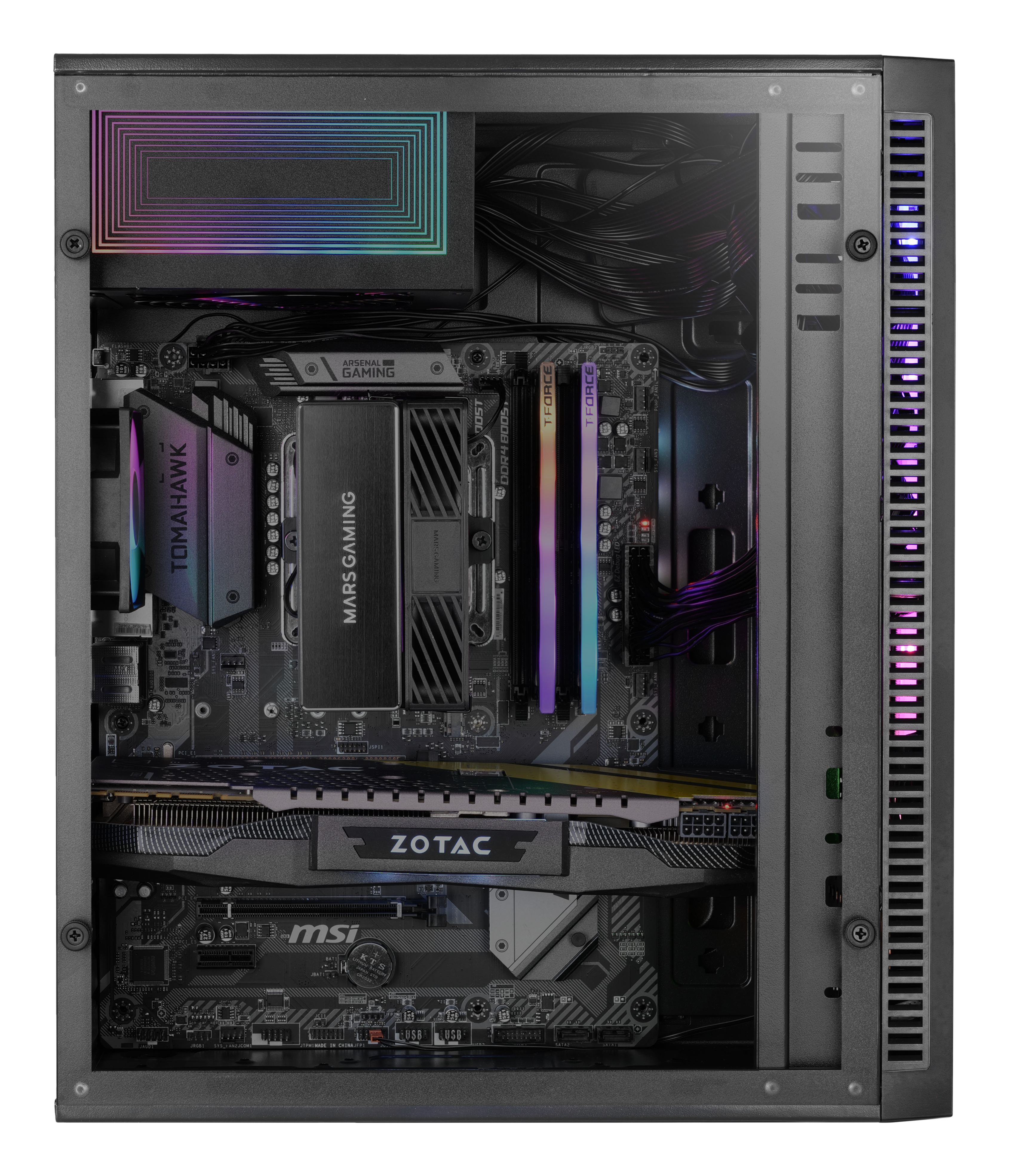 All'interno di un case PC nero con componenti. Scheda madre, scheda grafica e ventole.