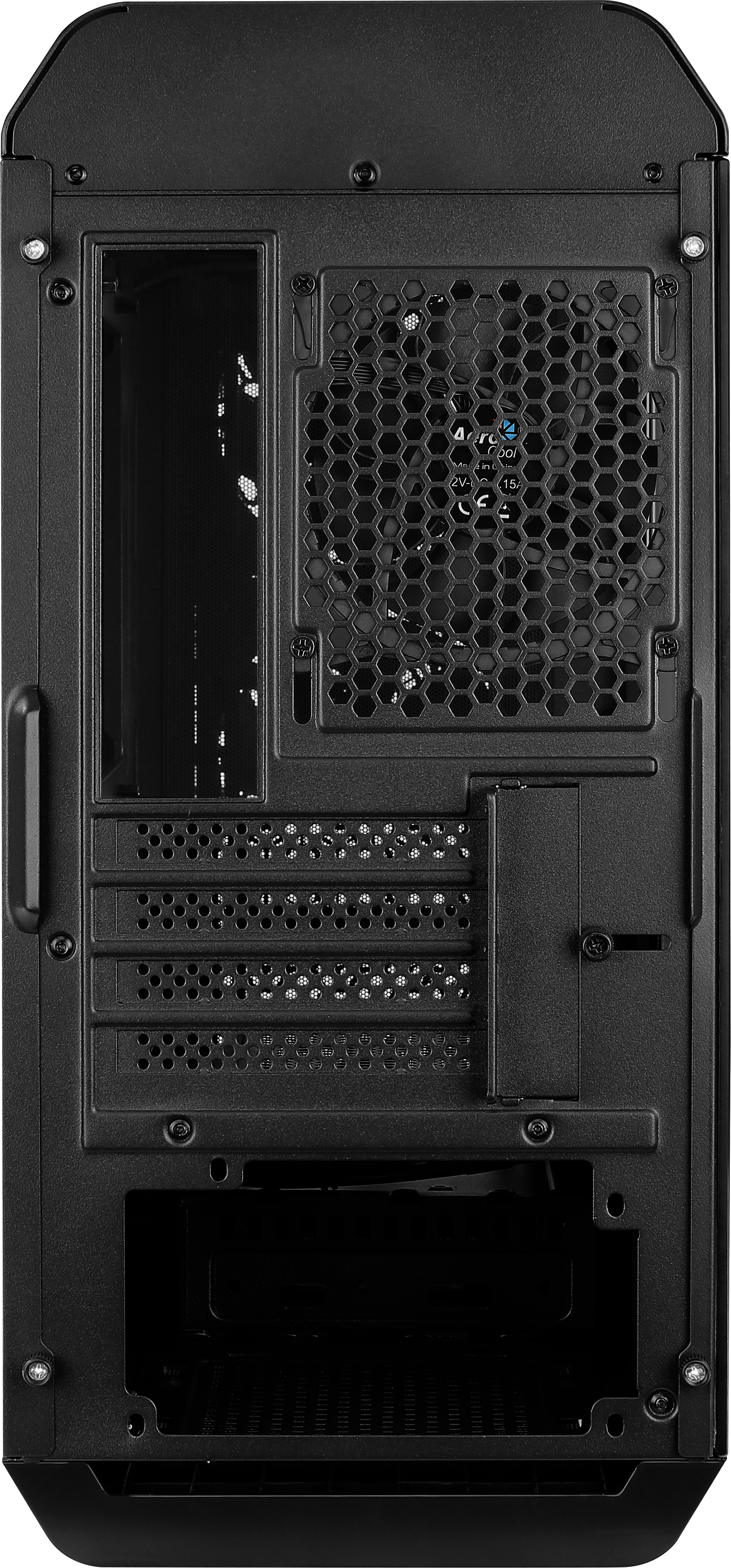 Parte posteriore di un case per computer nero con varie aperture, una maniglia e un design a nido d'ape.
