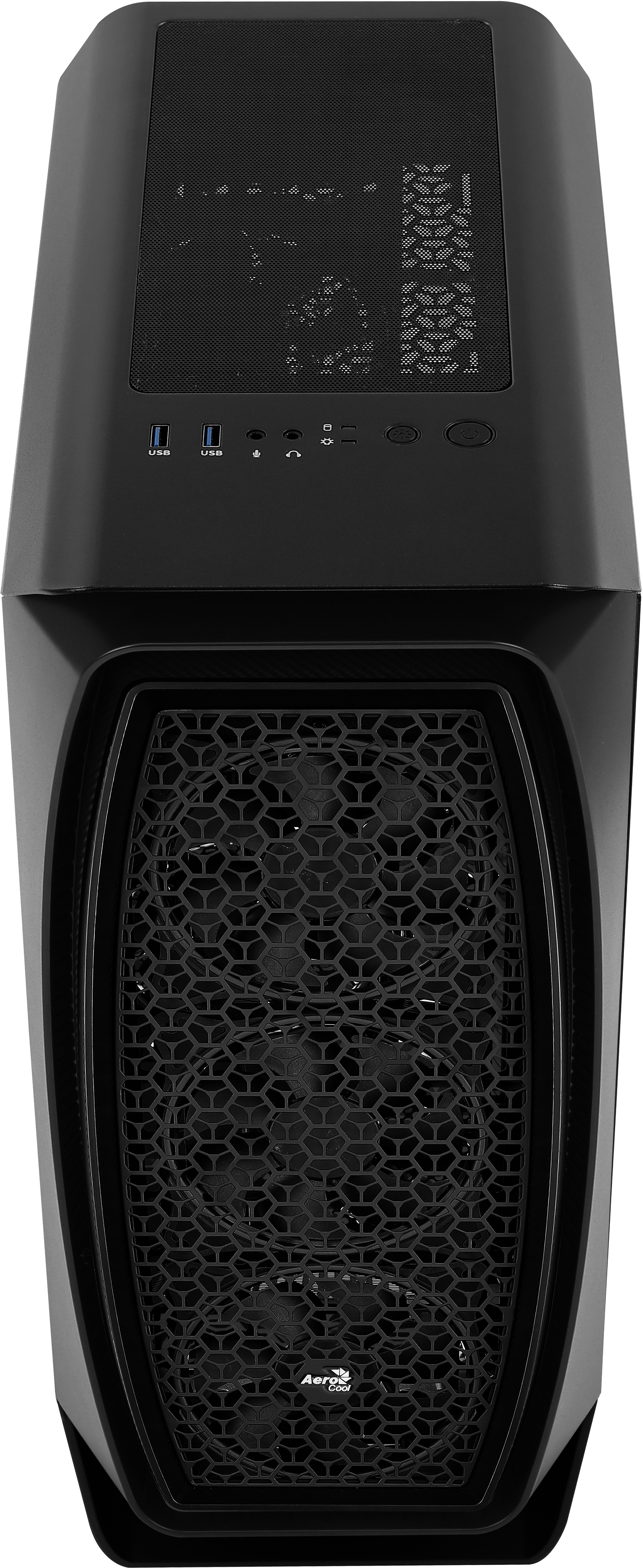 Vista dall'alto del case nero. Frontale angolato con design a rete e porte sul pannello superiore.