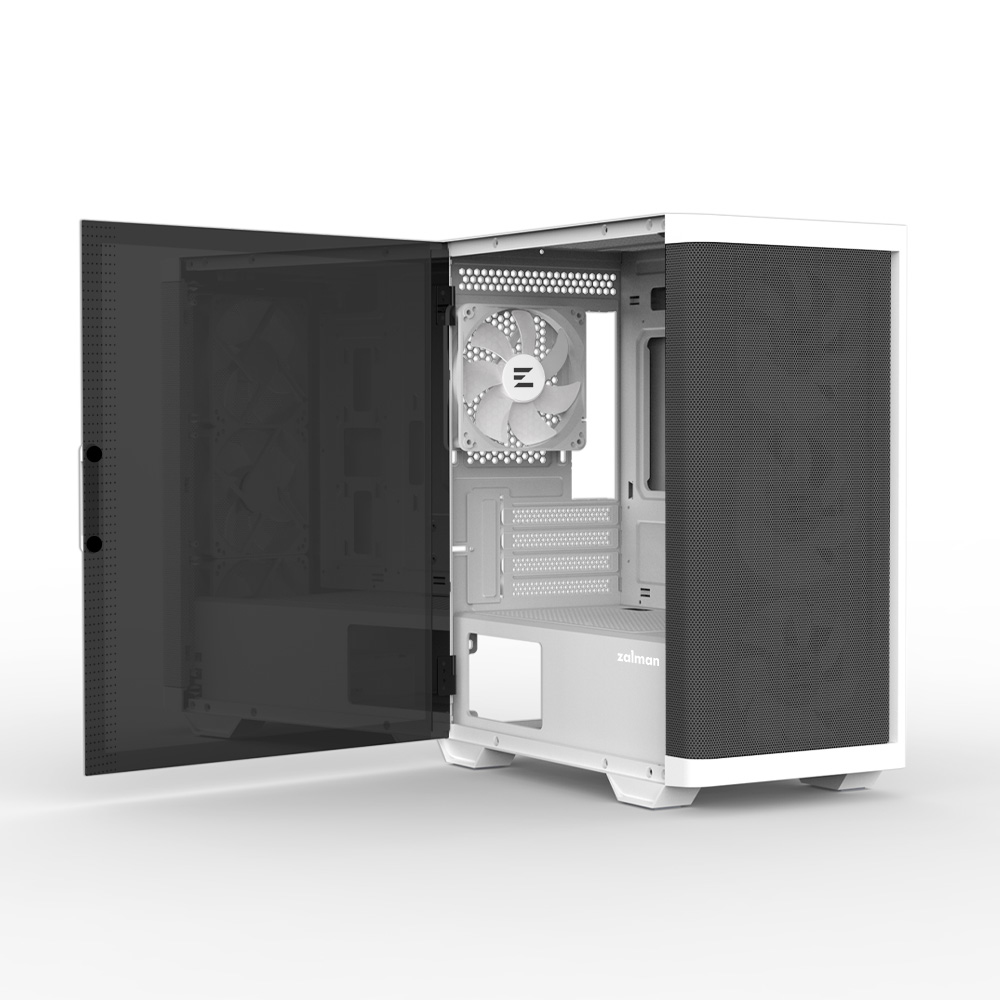 Case per computer bianco con porta laterale trasparente aperta. Interno visibile.