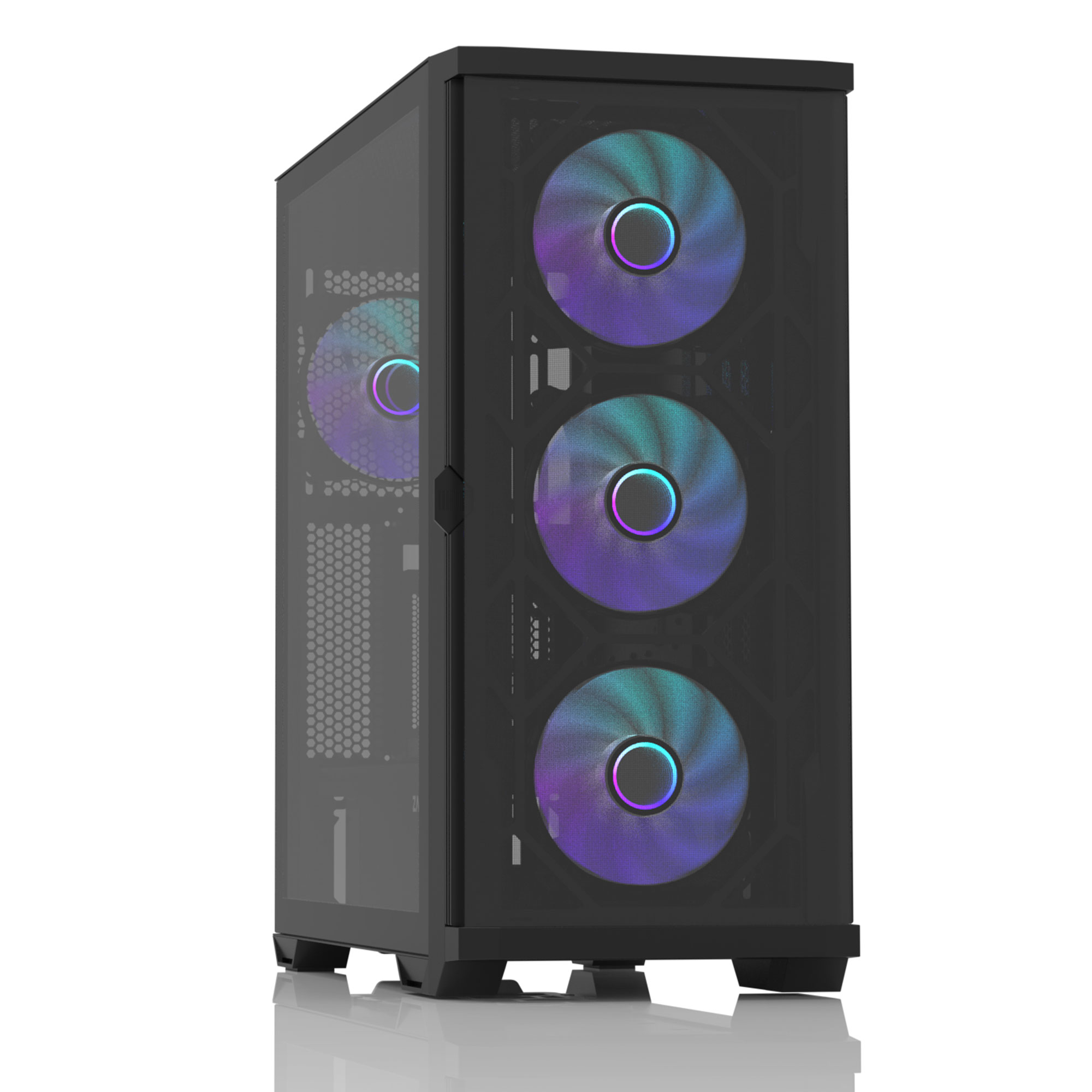 Case per computer nero con frontale in vetro, tre ventole RGB visibili e una ventola laterale.