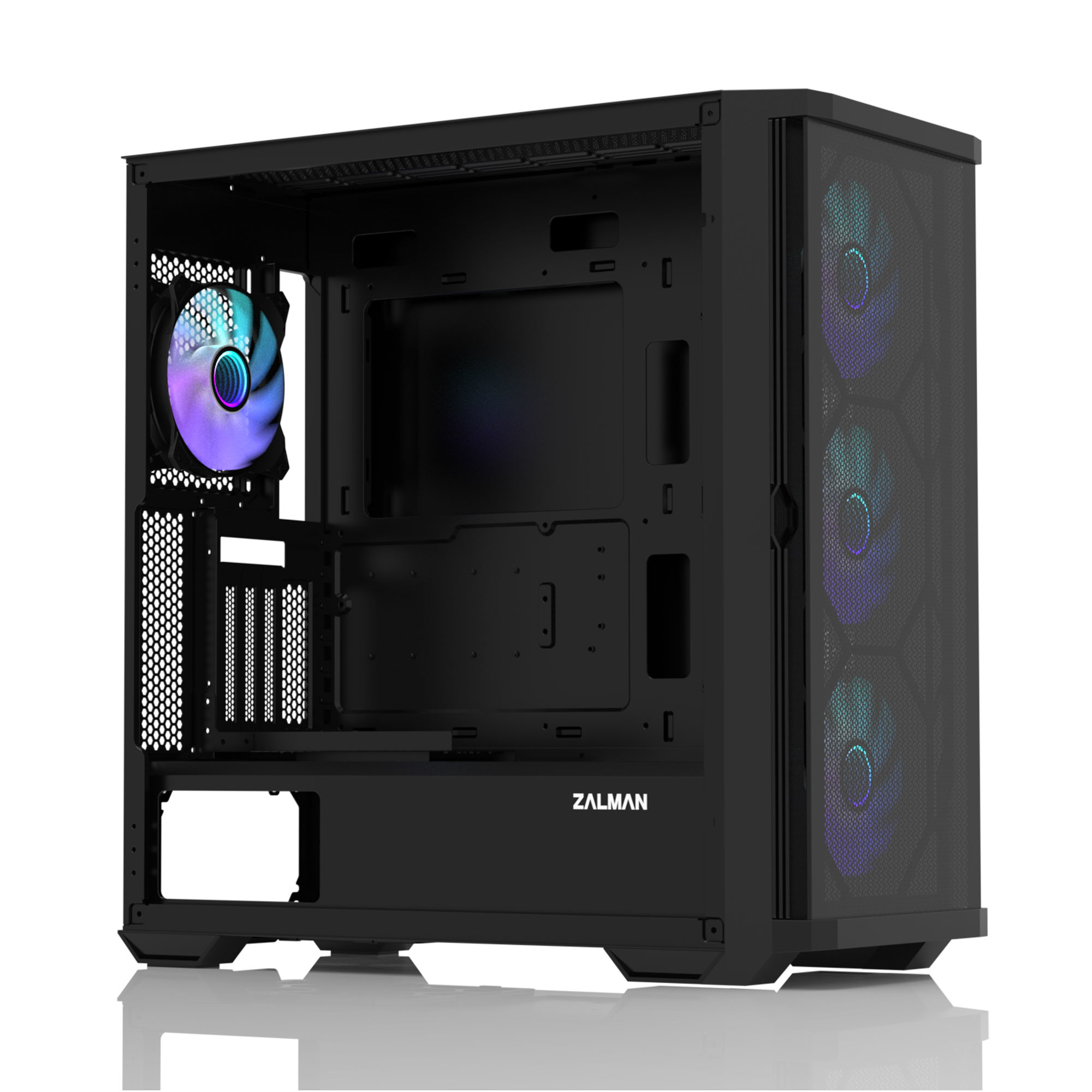 Case per computer nero aperto, con una ventola e tre ventole sul davanti.