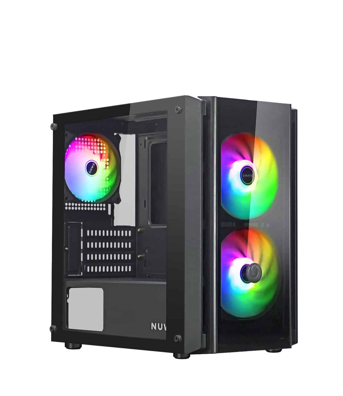 Un case per computer con un pannello laterale trasparente, che rivela due ventole RGB.