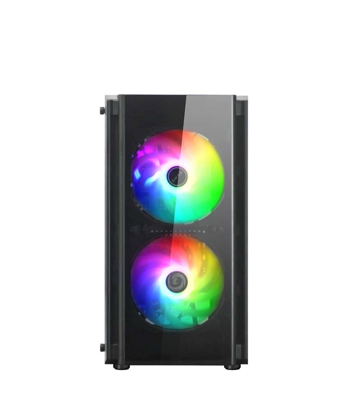 Un case per computer nero con pannello in vetro e due ventole con luci arcobaleno all'interno.
