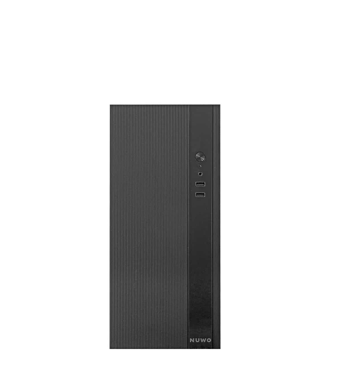Un case per computer nero, verticale. Ha un design elegante con un pannello frontale.