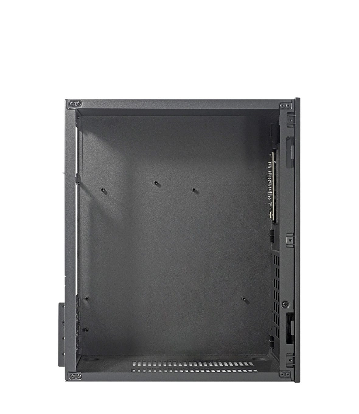 All'interno di un case per computer. Vuoto, con fori di montaggio e un telaio metallico.