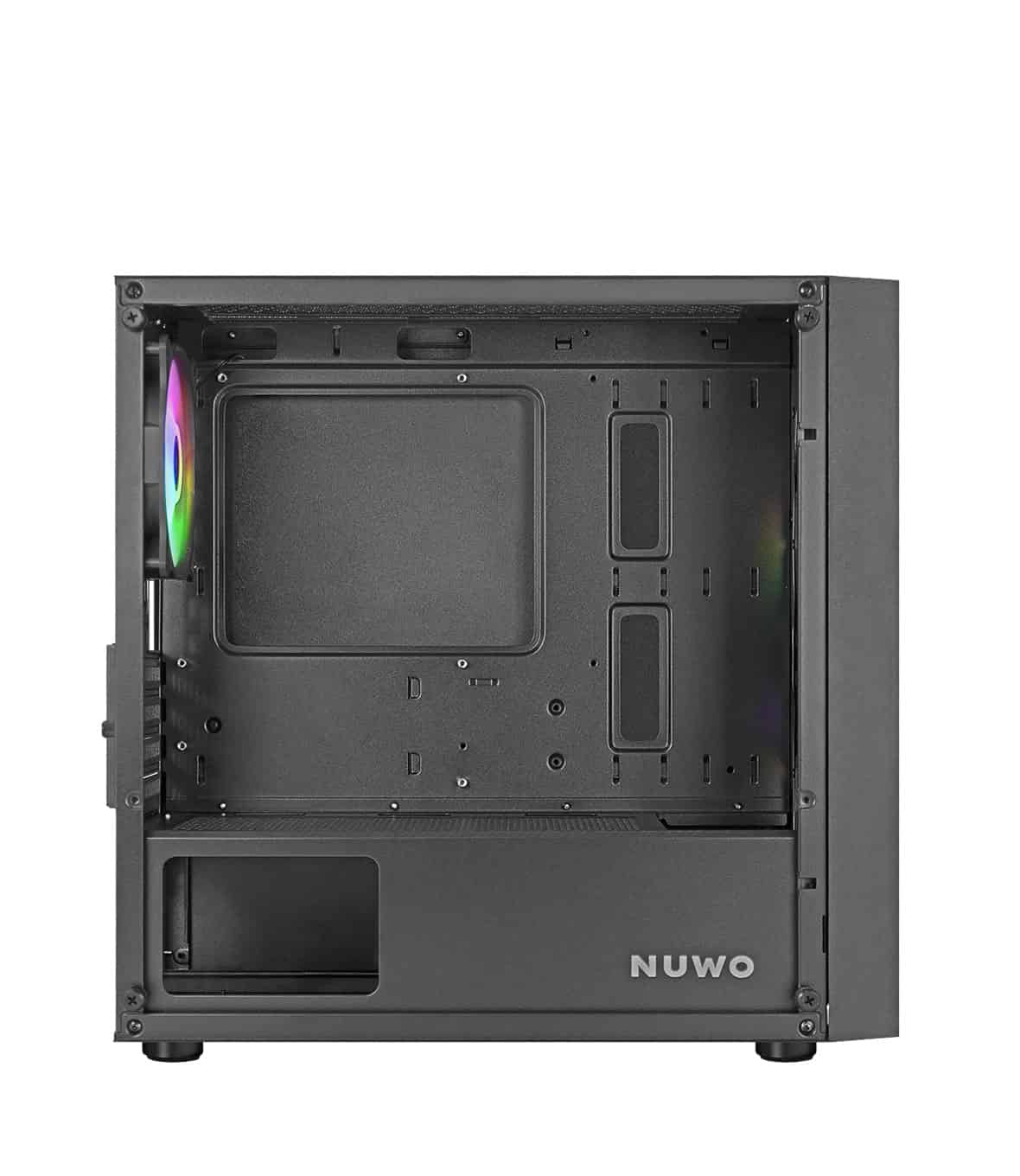Interno di un case per computer nero aperto. Vani vuoti e il logo NUWO sono visibili.