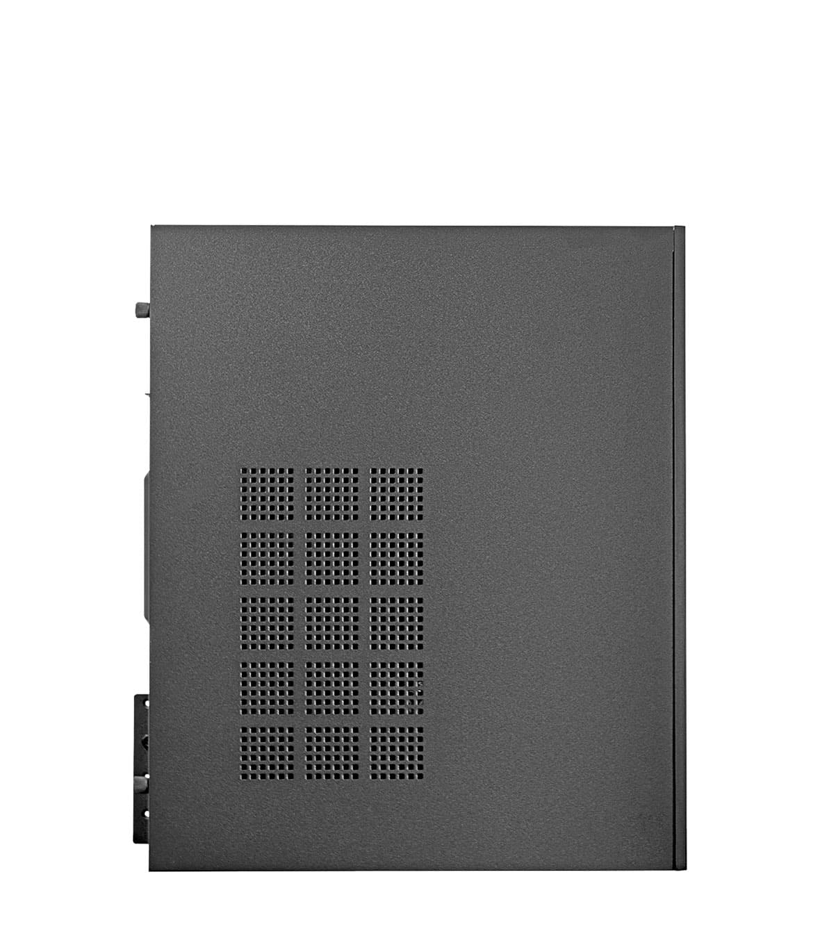La vista laterale di un case per computer grigio scuro. I fori di ventilazione sono visibili.