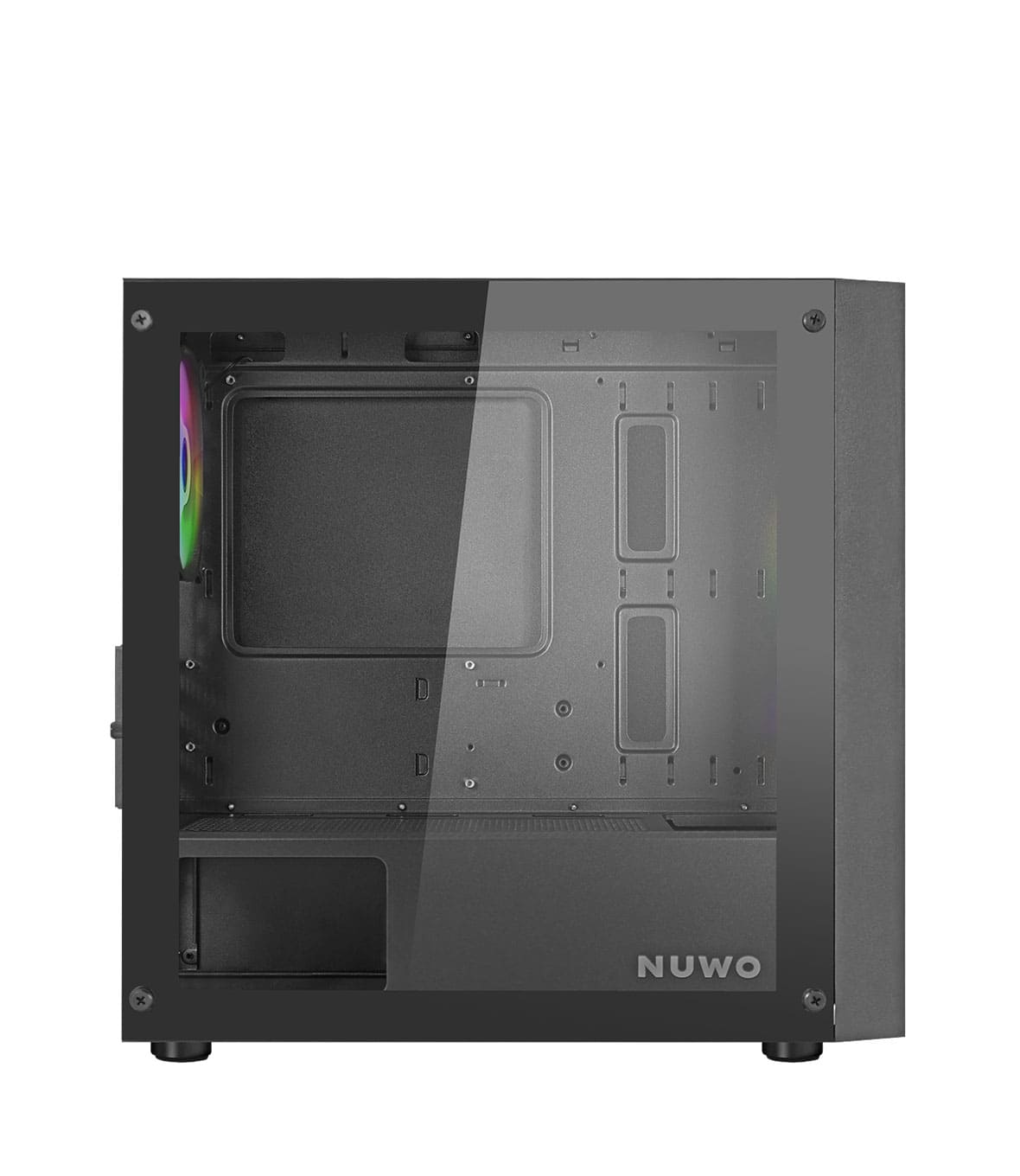 Case per computer nero con pannello laterale trasparente, mostra componenti interni e logo NUWO.