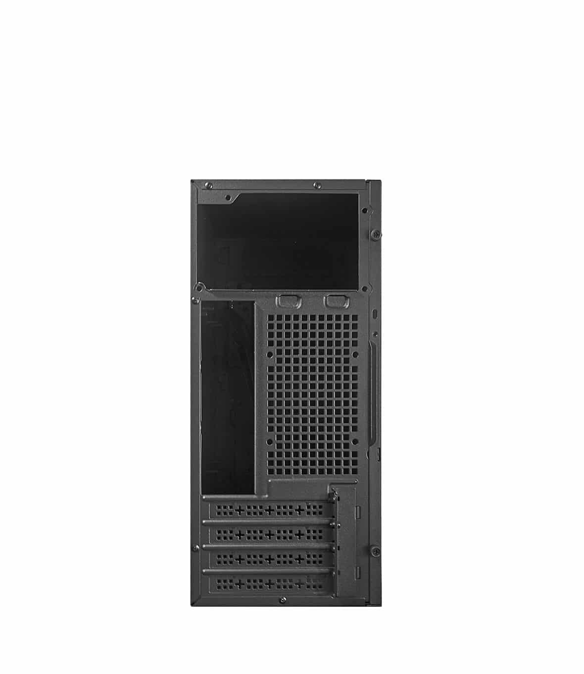 Retro di un case per computer nero, che mostra le porte e gli slot per i componenti.