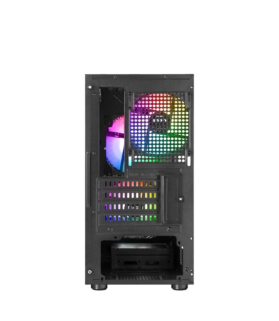 Pannello posteriore nero del case del computer. Visibile una ventola con LED arcobaleno, con varie porte sotto.