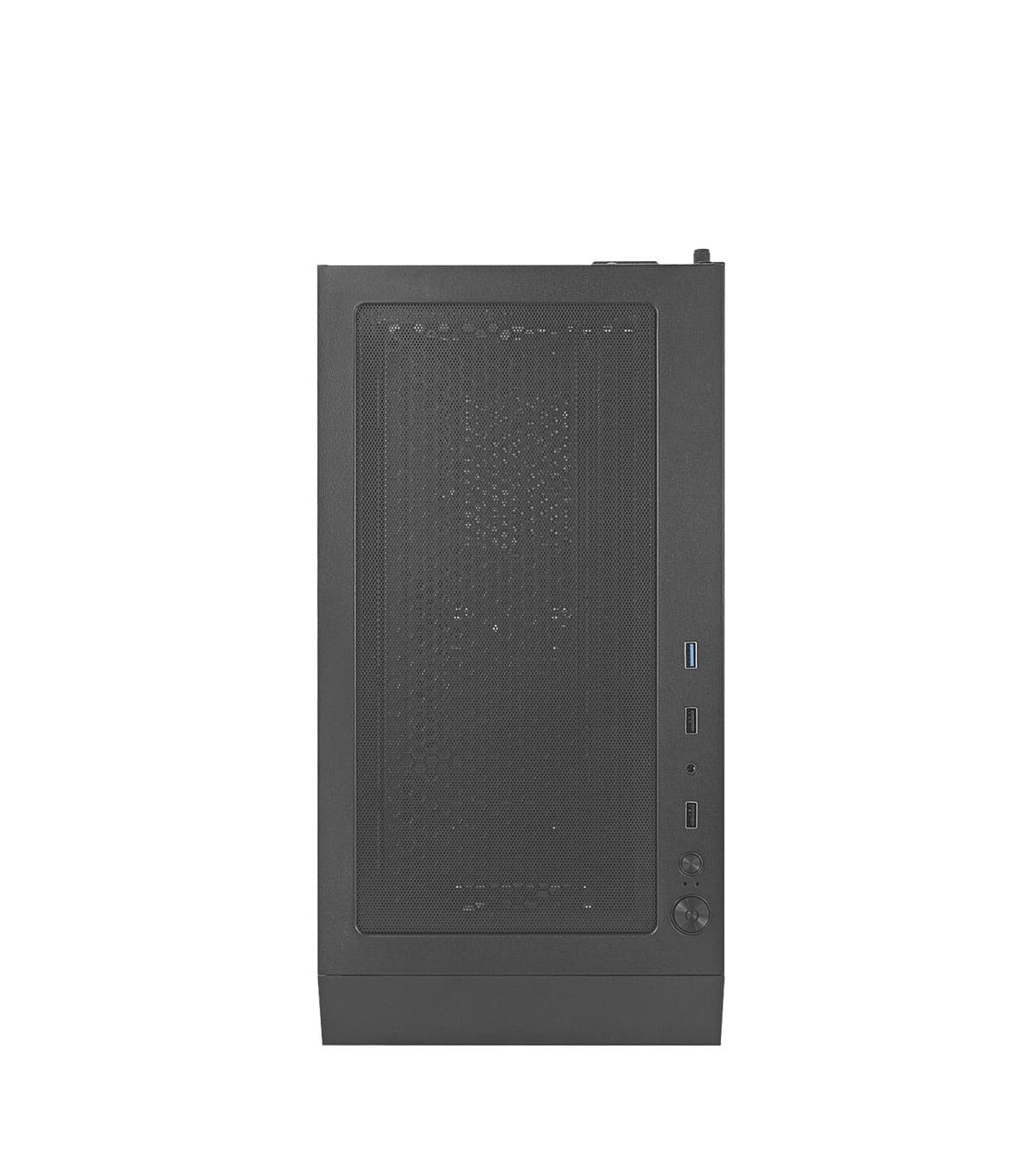 Case per computer nero con pannello frontale a rete, porte e pulsante di accensione.