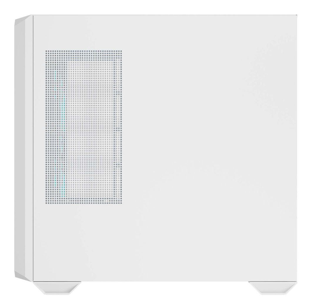 Case per computer bianco con pannello laterale a rete e piedini. Il frontale è bianco.