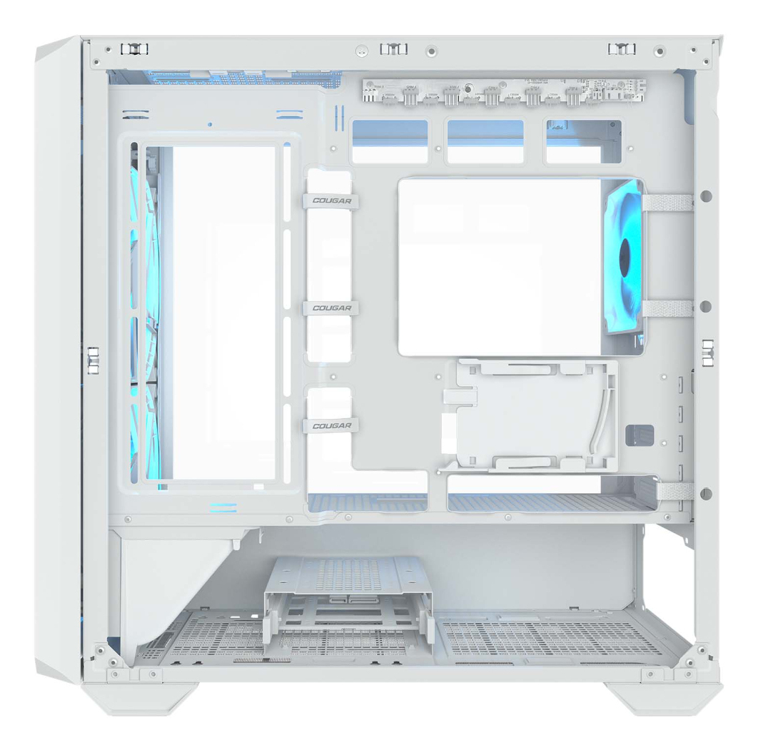 Interno di un case per computer bianco. I LED blu illuminano l'interno. È visibile un pannello laterale trasparente.
