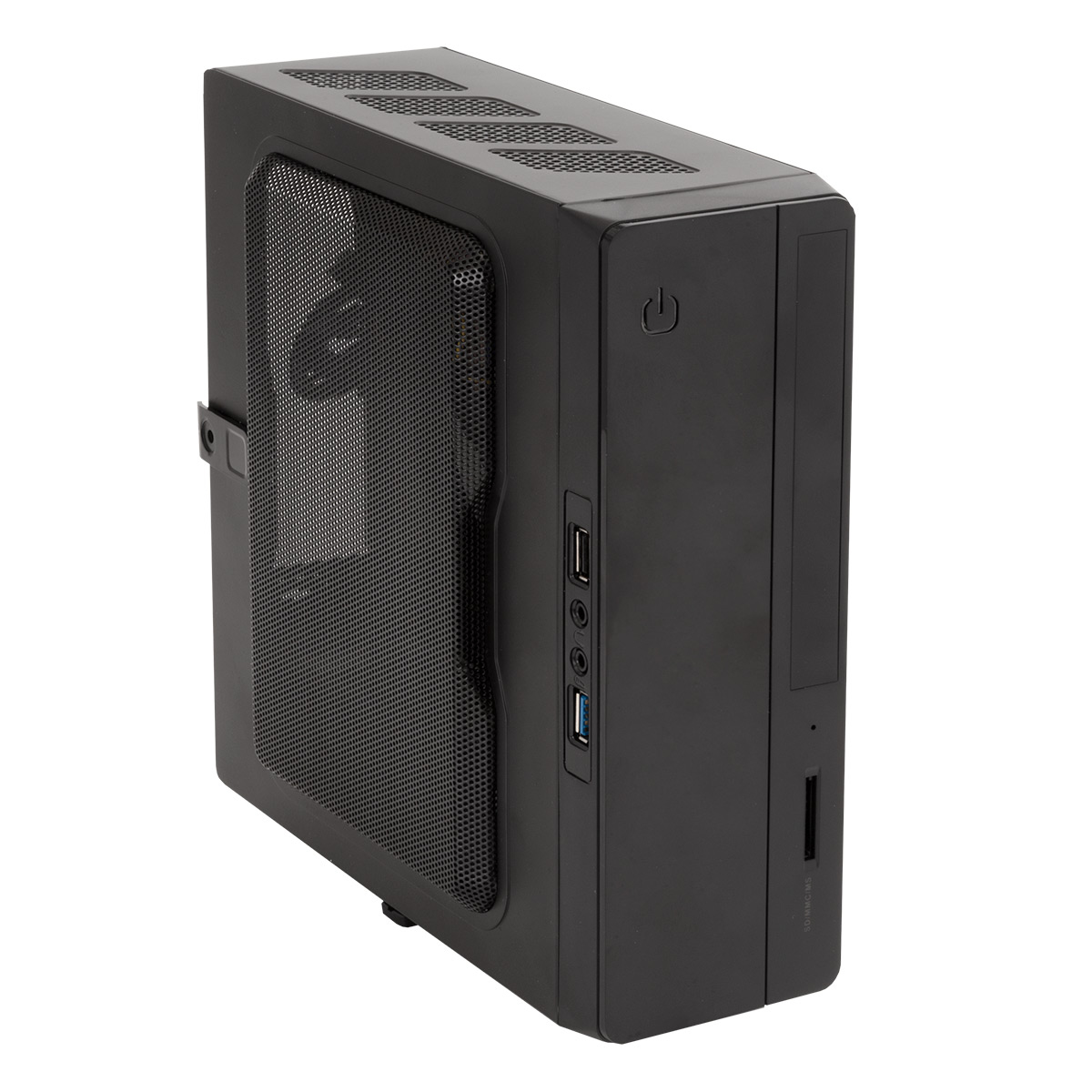 Case mini-ITX nero, vista laterale, con porte, pulsante di accensione e pannello laterale a rete.