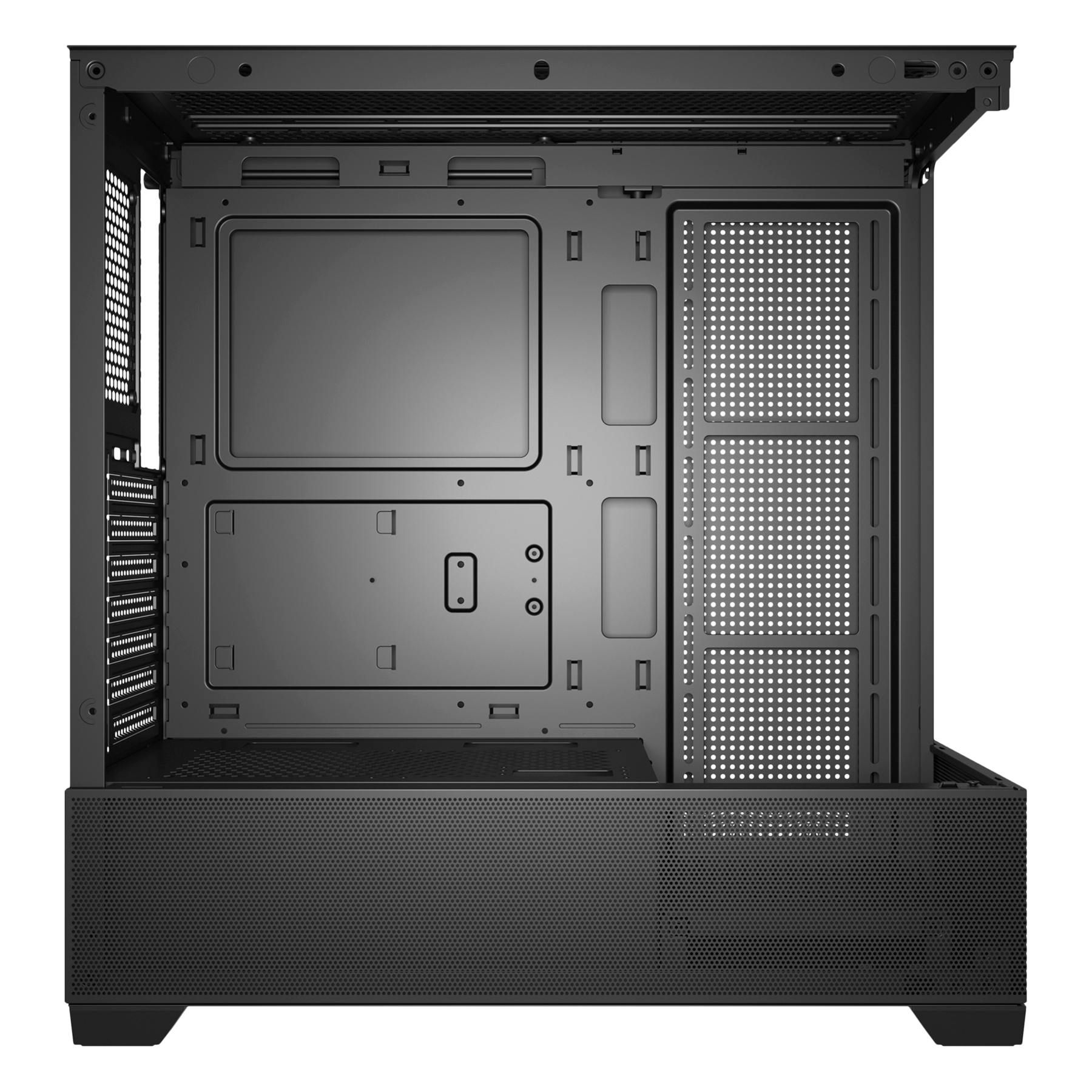 Interno di un case per computer nero con retro aperto e pannelli a rete.