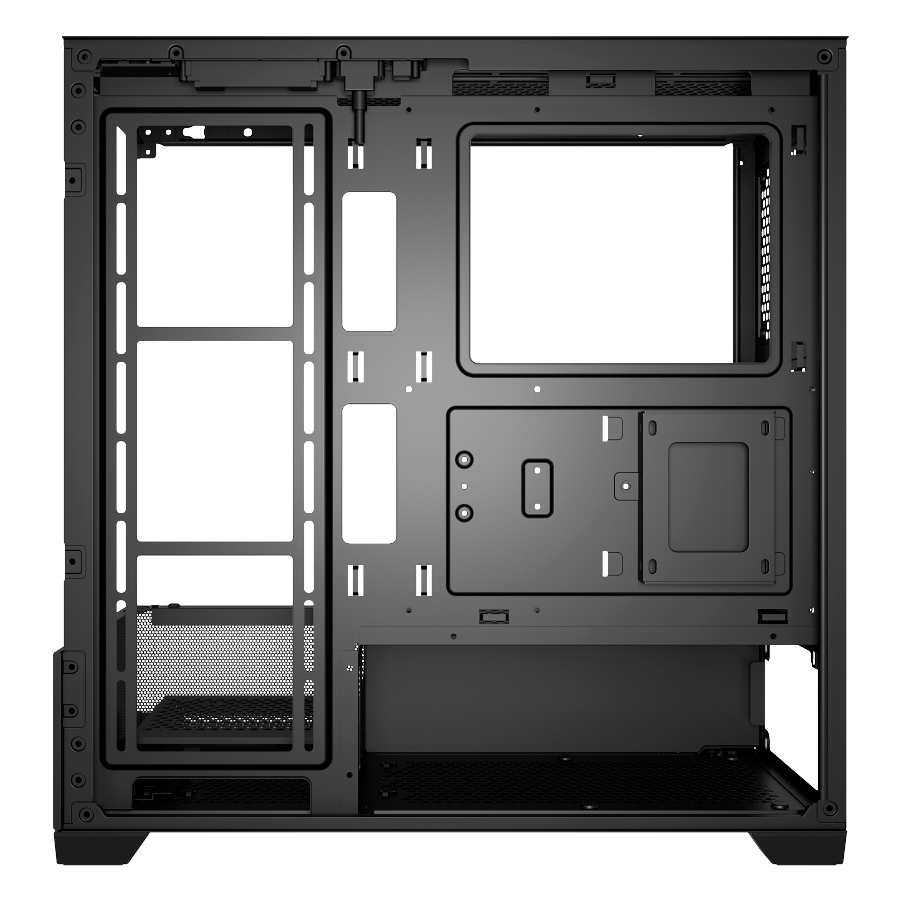 Interno del case per computer nero. Il case vuoto ha molte aperture e punti di montaggio per i componenti.