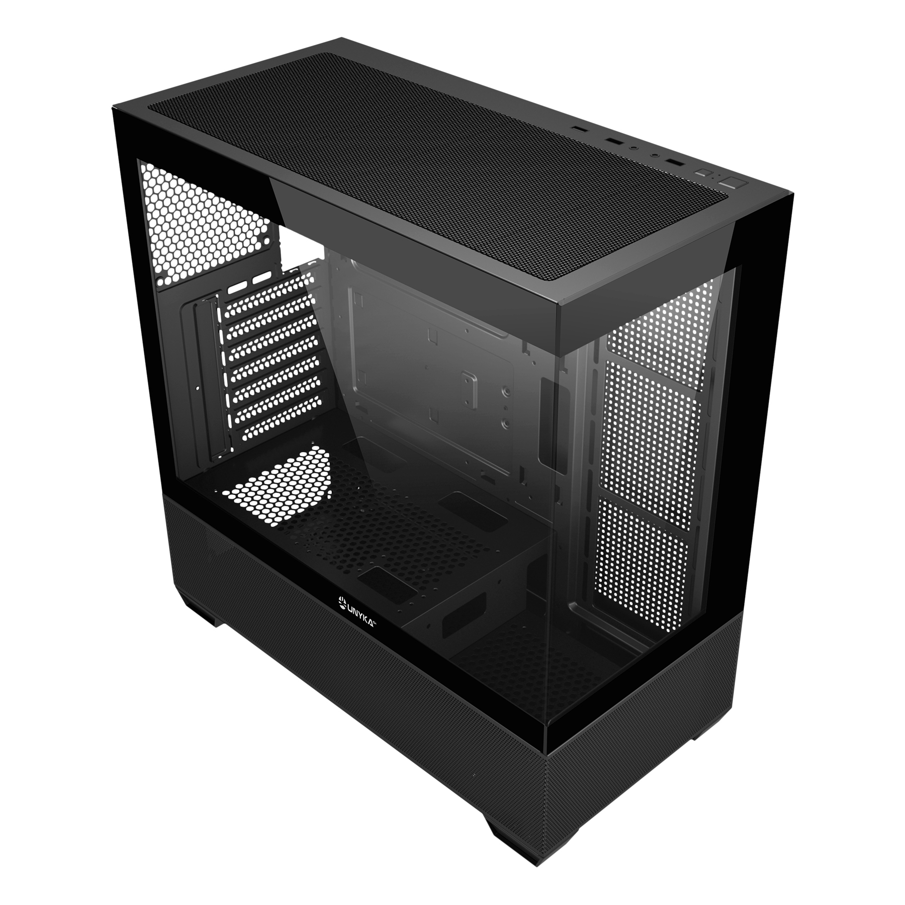 Case per computer nero angolato. Ha un pannello laterale in vetro e una parte superiore a rete. L'interno è visibile.