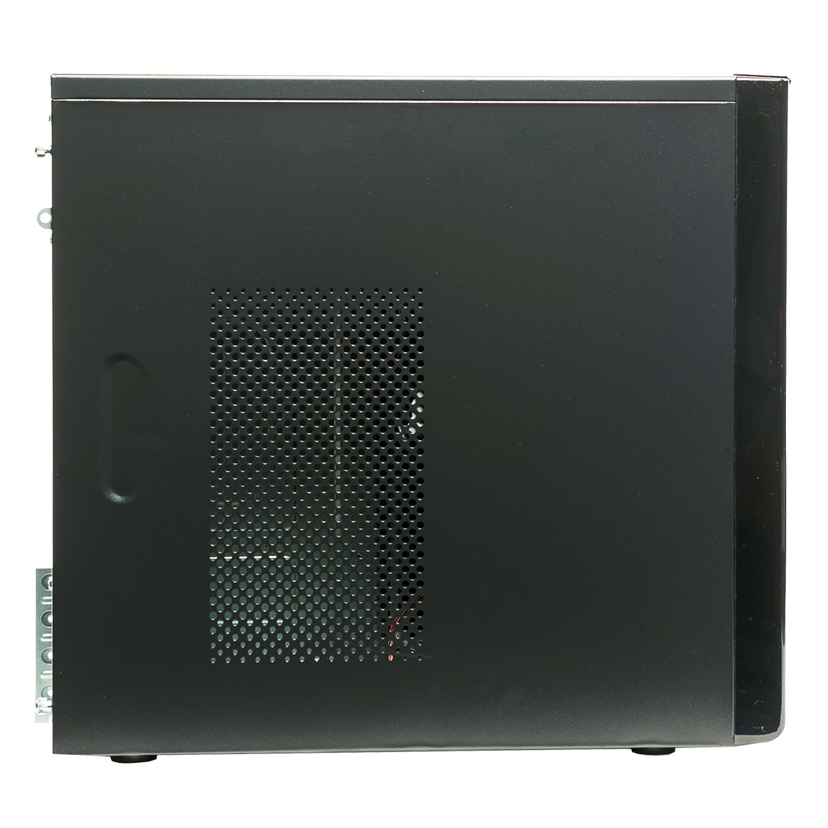 Vista laterale di un case per PC nero. Ha una presa d'aria con una ventola visibile all'interno. Sfondo semplice.