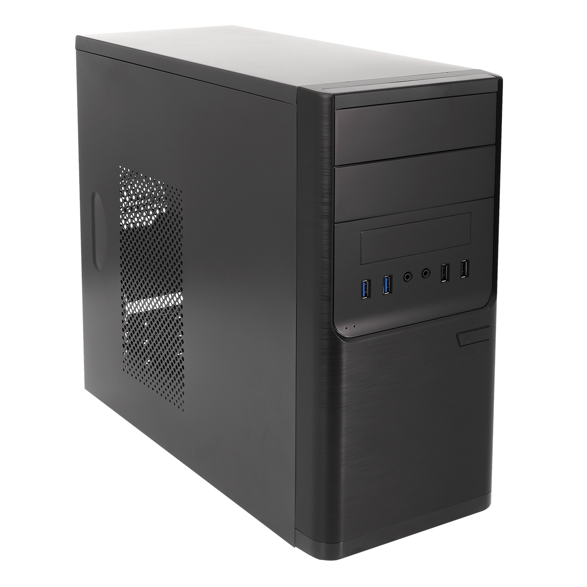 Un case per computer nero con un design semplice, con porte e pulsanti sul davanti.