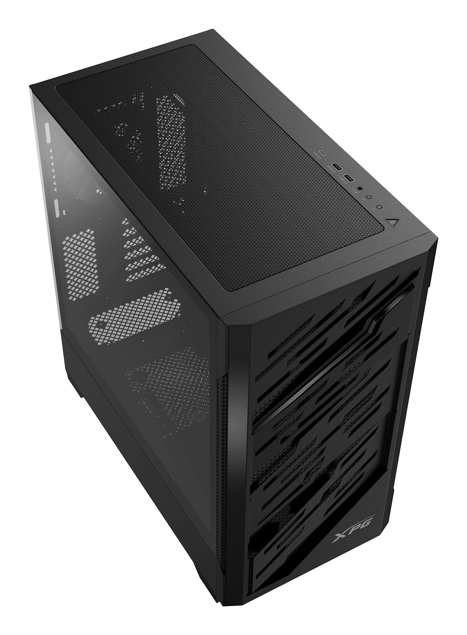 Case per computer nero con vista angolata, con un pannello laterale in vetro.