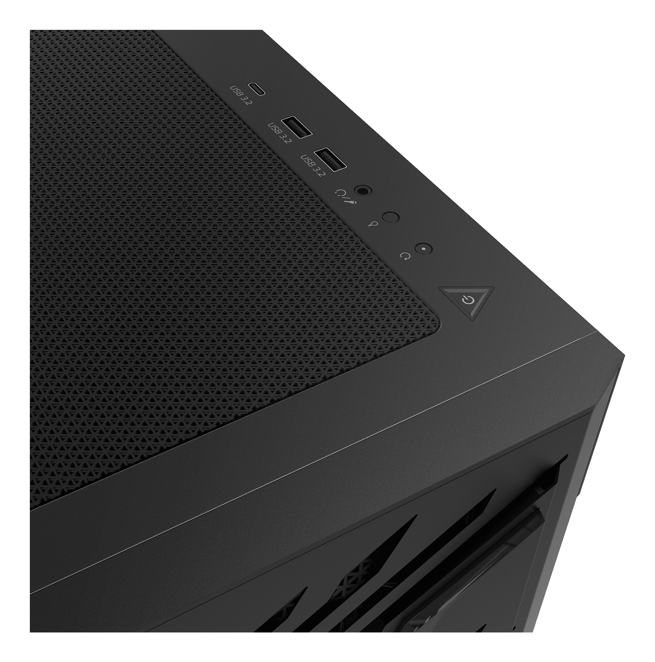 Primo piano della parte superiore di un case per PC nero. Include porte USB, pulsante di accensione e ventilazione.
