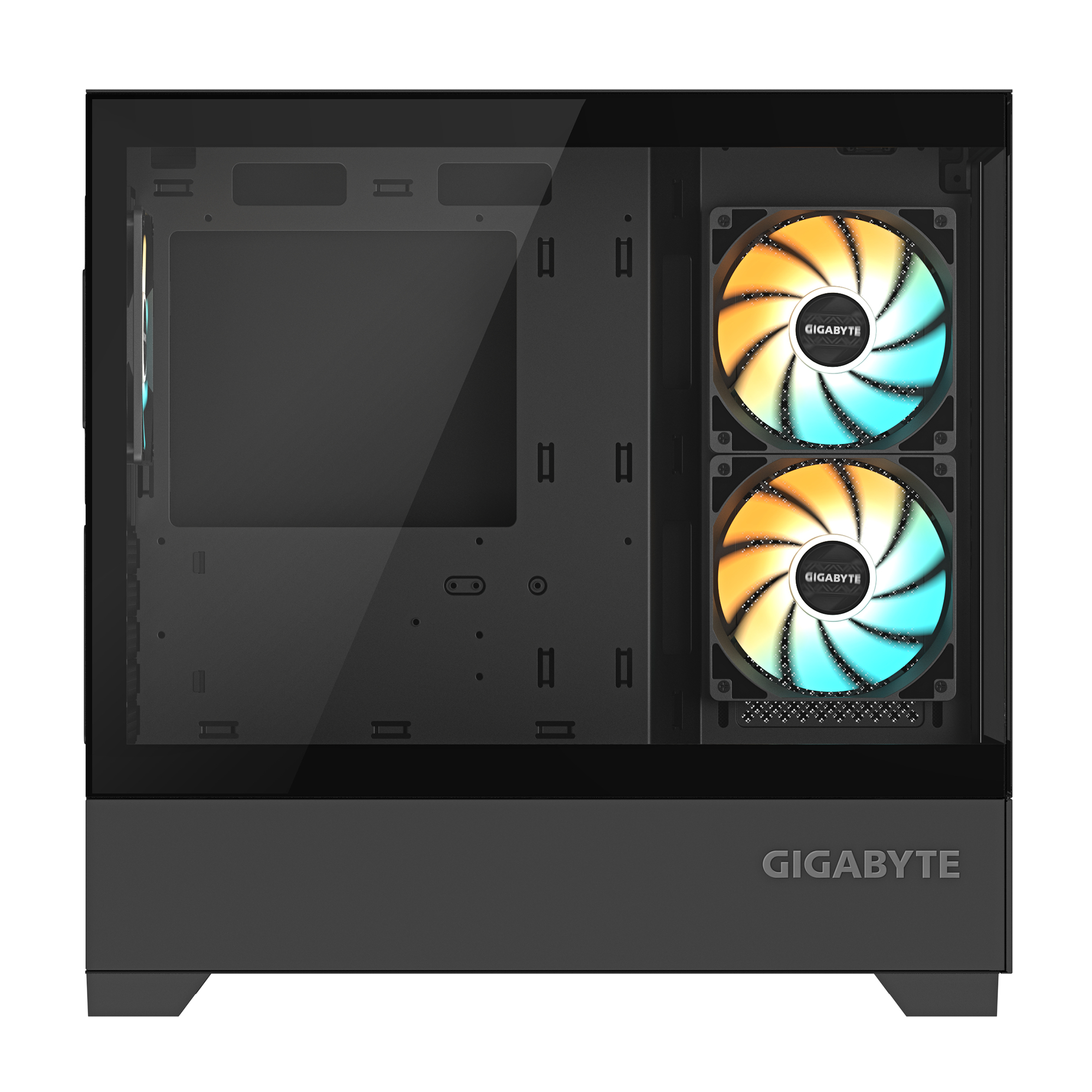 Vista frontale di un case per computer nero con ventole e logo Gigabyte.