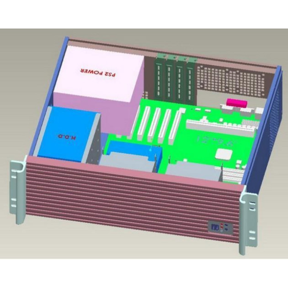 Rendering 3D dell'interno di un case per computer, con alimentatore rosa e scheda madre verde.
