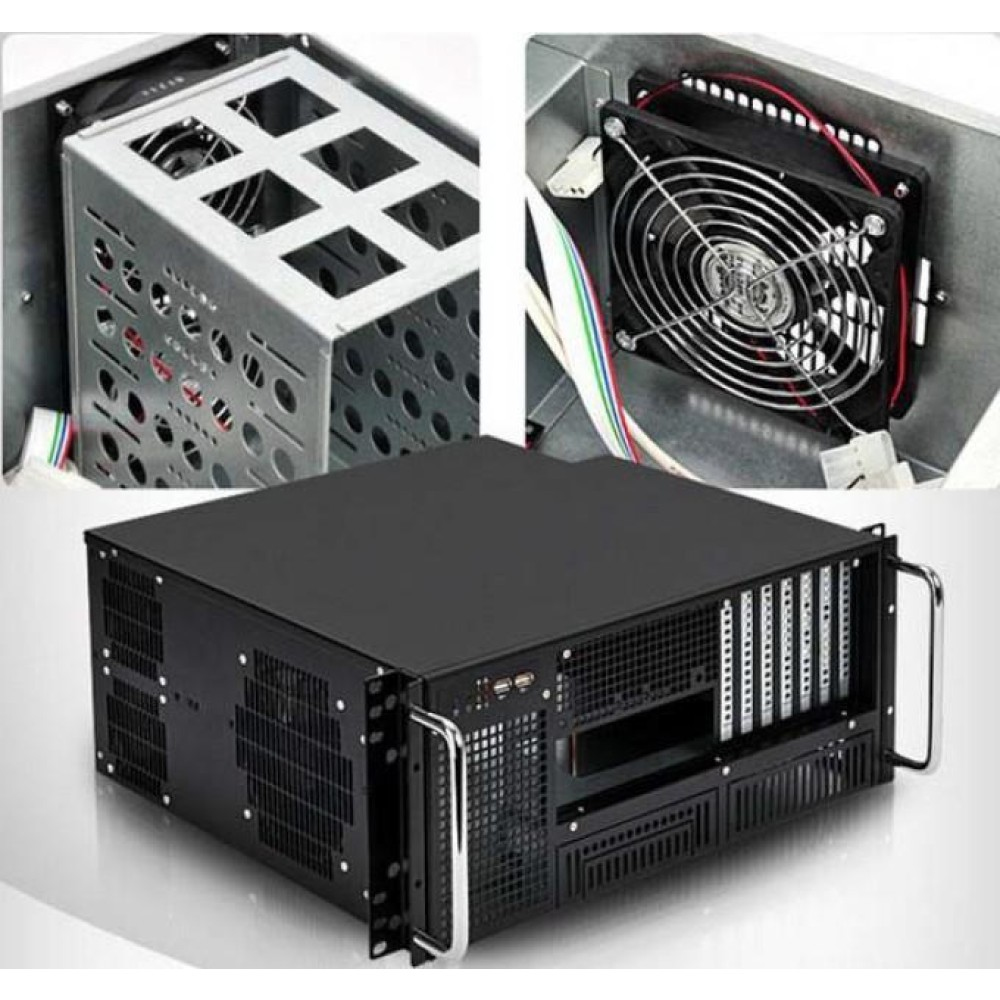 Case per computer nero con componenti ventola. Ha una maniglia, vani e varie aperture.
