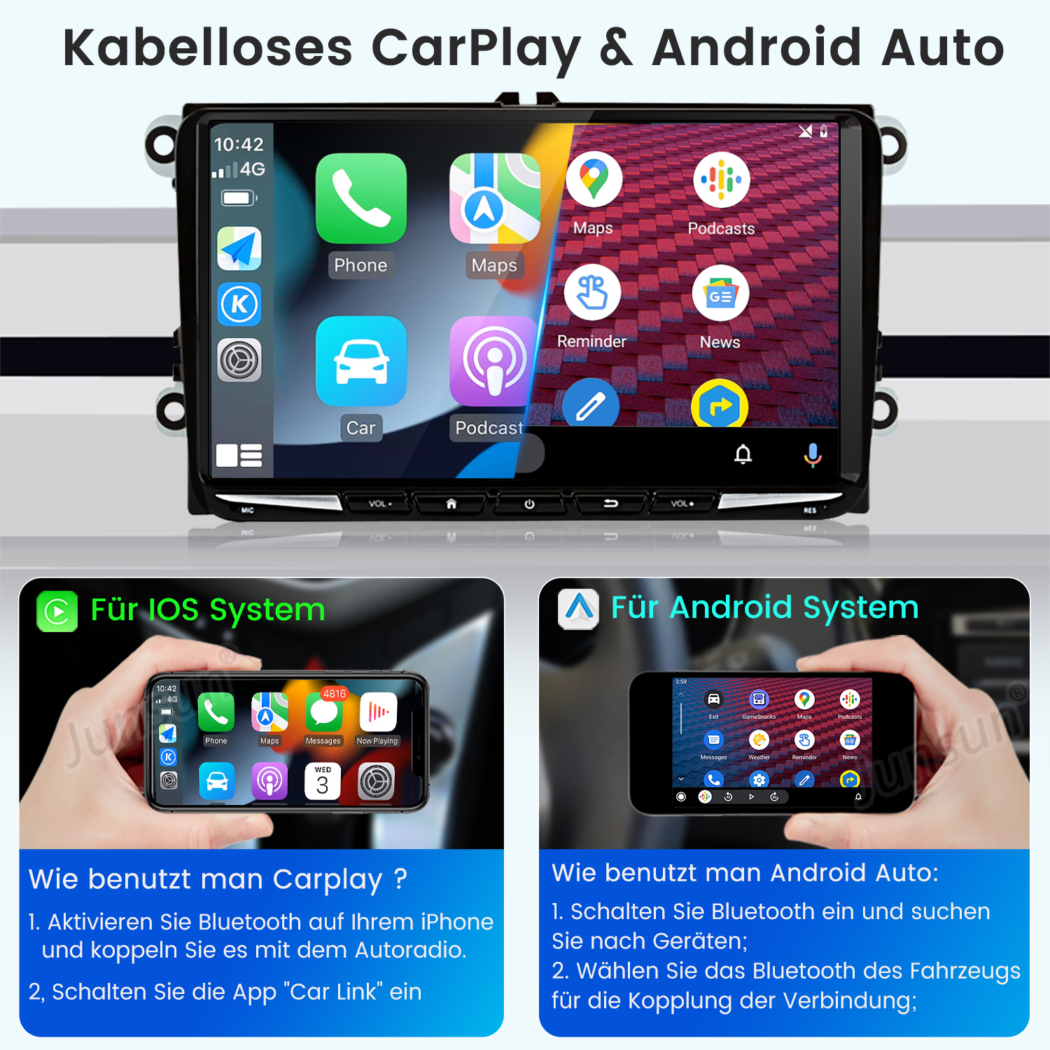 Bildschirm des Car-Infotainment-Systems, zeigt Benutzeroberfläche mit Symbolen. Mehrere Apps sind sichtbar.