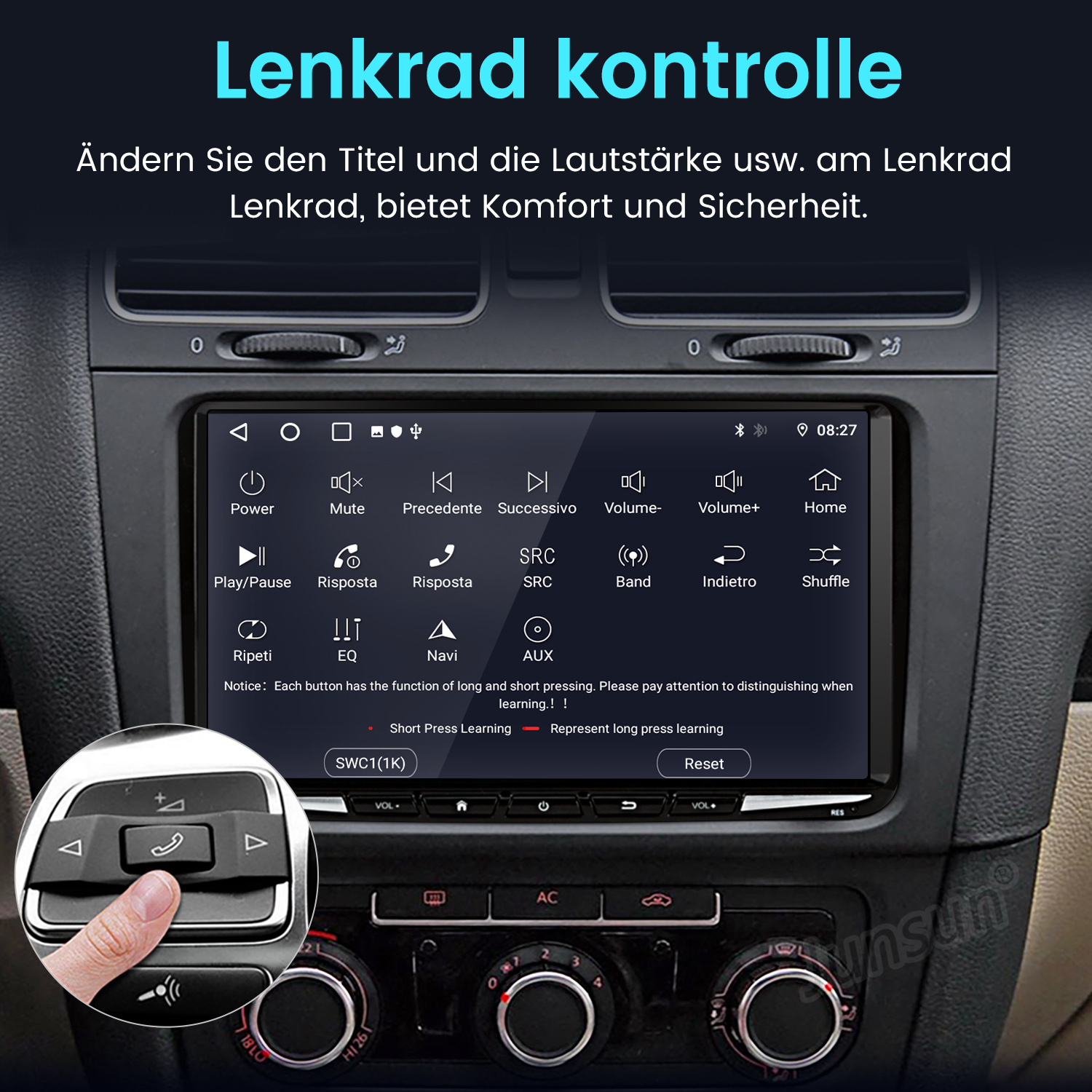 Car-Infotainment-Bildschirm mit Bedienelementen. Zeigt Tasten und eine Hand, die mit dem Bildschirm interagiert.