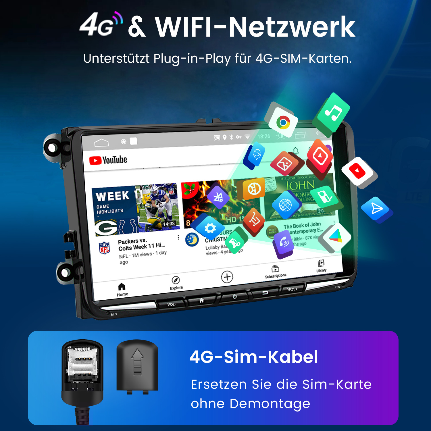 Car-Infotainment-Bildschirm mit Apps, einschließlich YouTube, und SIM-Karten-Details.