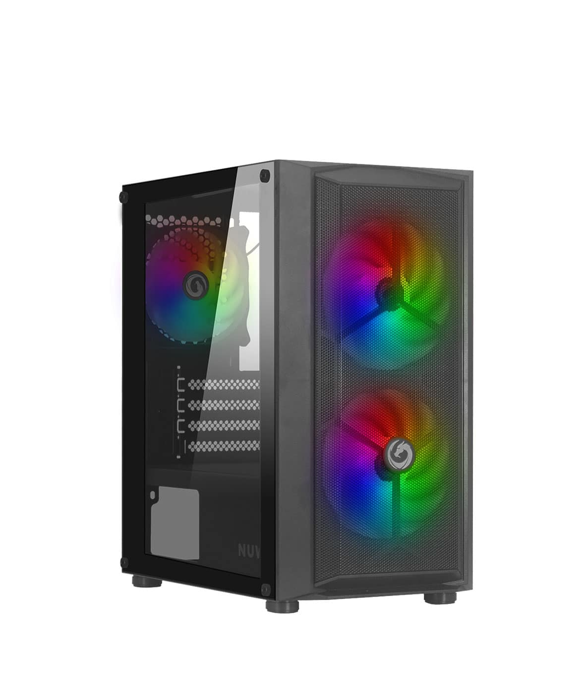 Case PC nero con lato in vetro, due ventole arcobaleno e marchio Nuvo.