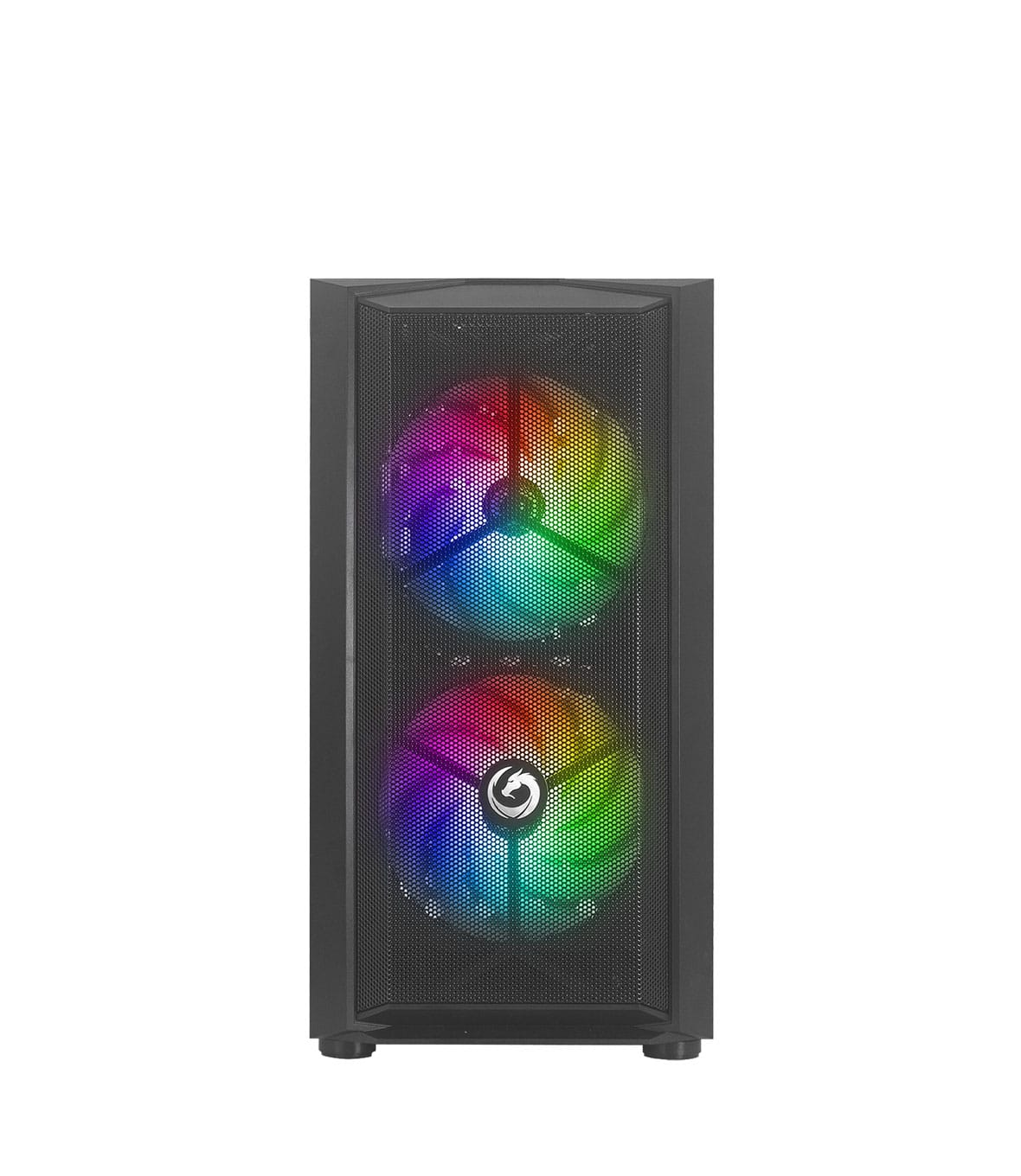 Case PC nero con due ventole arcobaleno dietro un pannello frontale a rete.