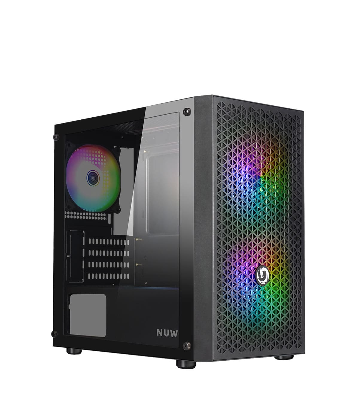 Un case per computer nero con un pannello laterale in vetro. Il frontale presenta un design a rete con luci arcobaleno.