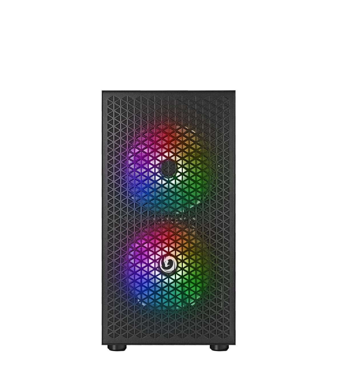 Il frontale di un case di computer con due ventole illuminate con luci multicolore.