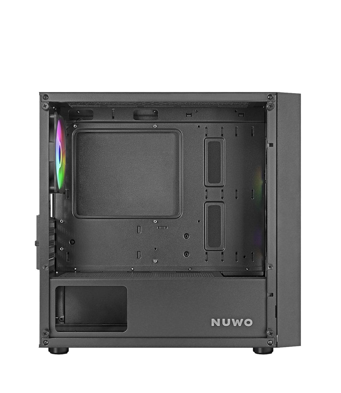 Un case di computer nero vuoto con un pannello laterale in vetro, che mostra l'interno. Logo NUWO visibile.