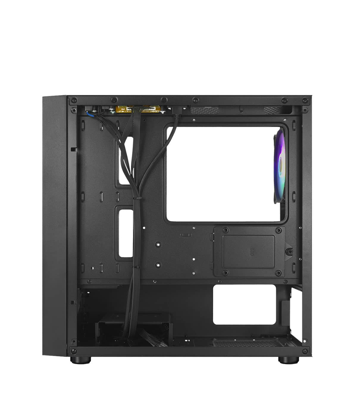 All'interno di un case per computer nero, i cavi sono disposti ordinatamente. È visibile una ventola con luci colorate.