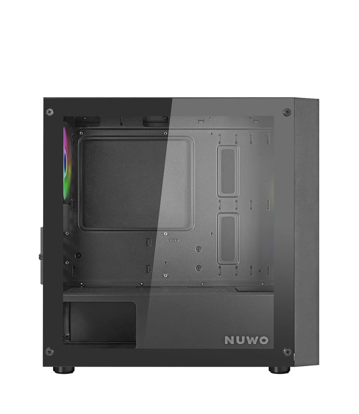 Un case di computer nero con un pannello laterale in vetro, che mostra l'interno. Il logo NUWO è visibile.