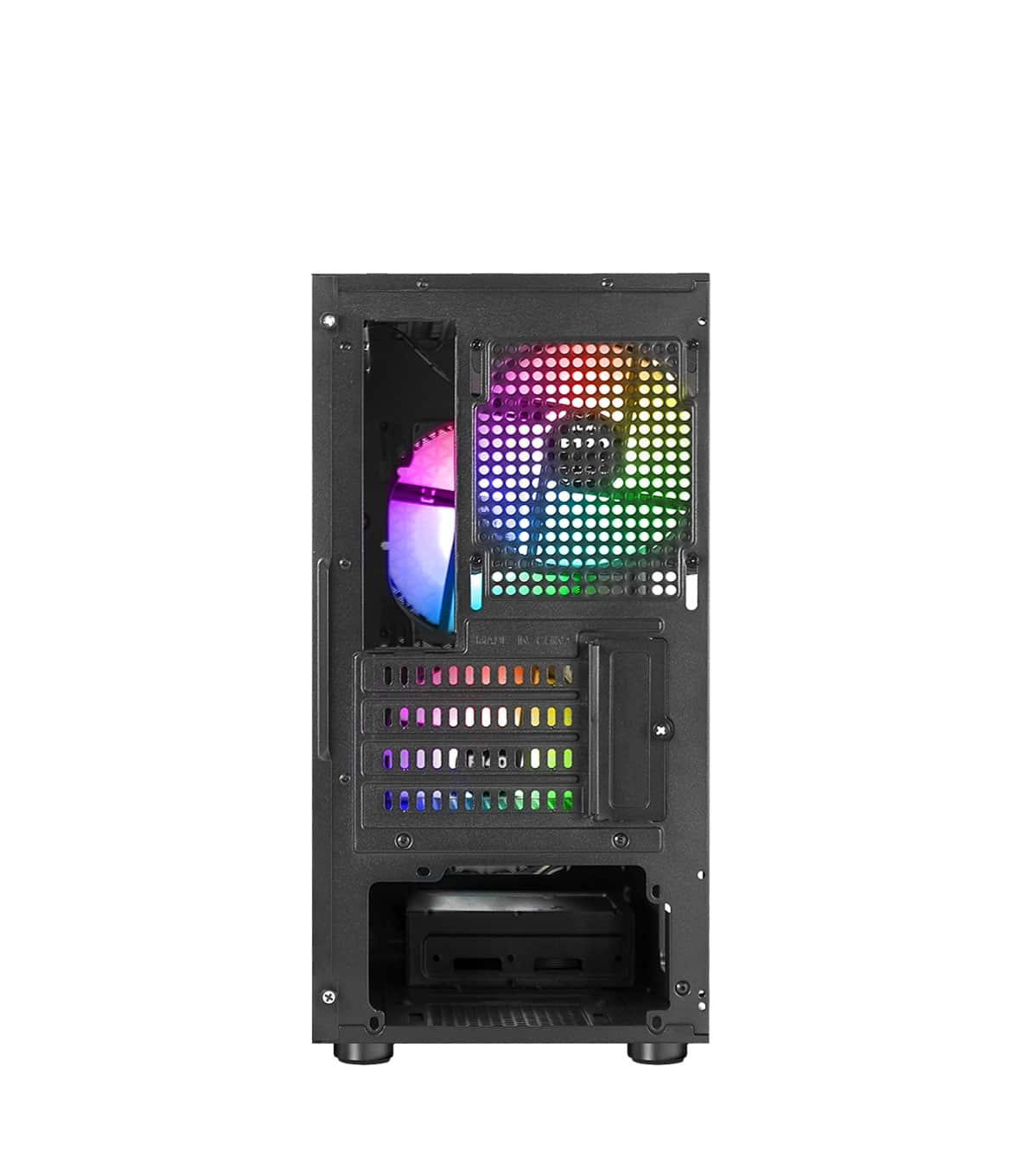 Il retro di un case per computer nero con una ventola che mostra luci arcobaleno. Diverse porte sono visibili.