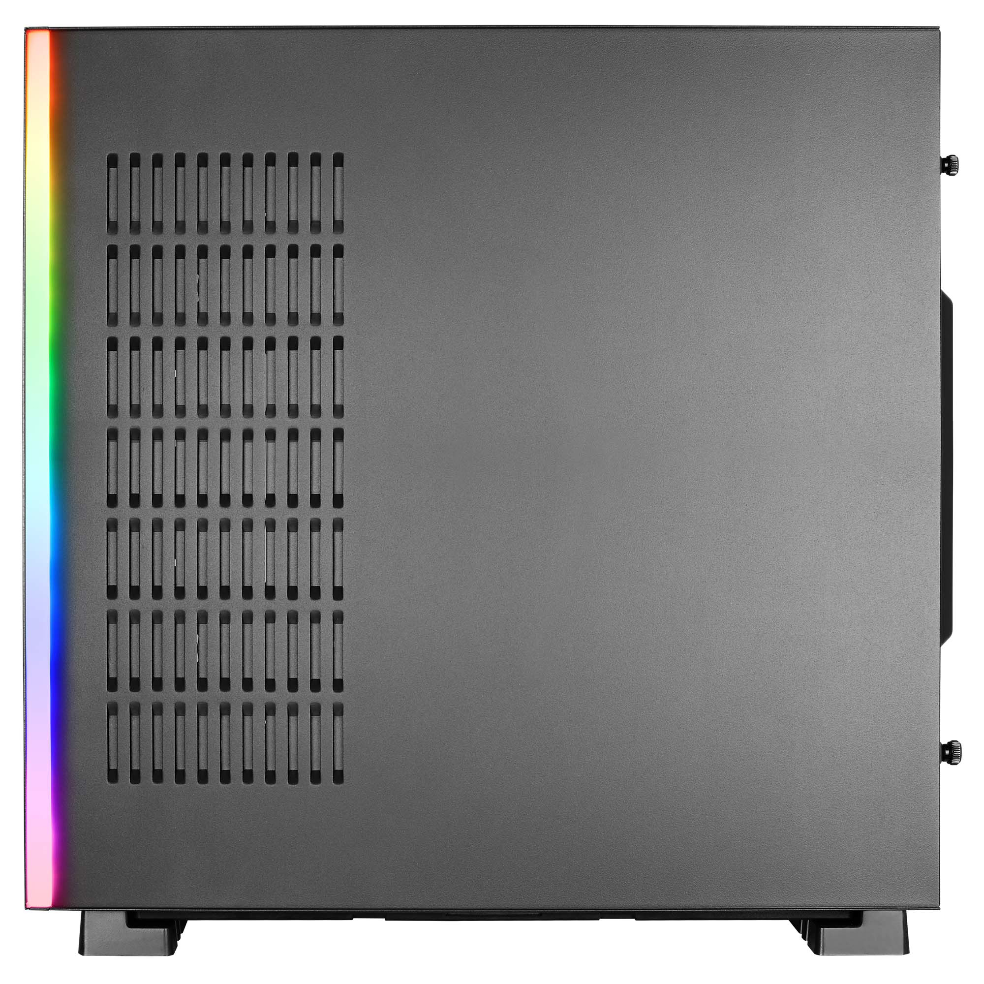 Un case grigio con una striscia LED colorata sul lato sinistro. Il case è su una superficie bianca.