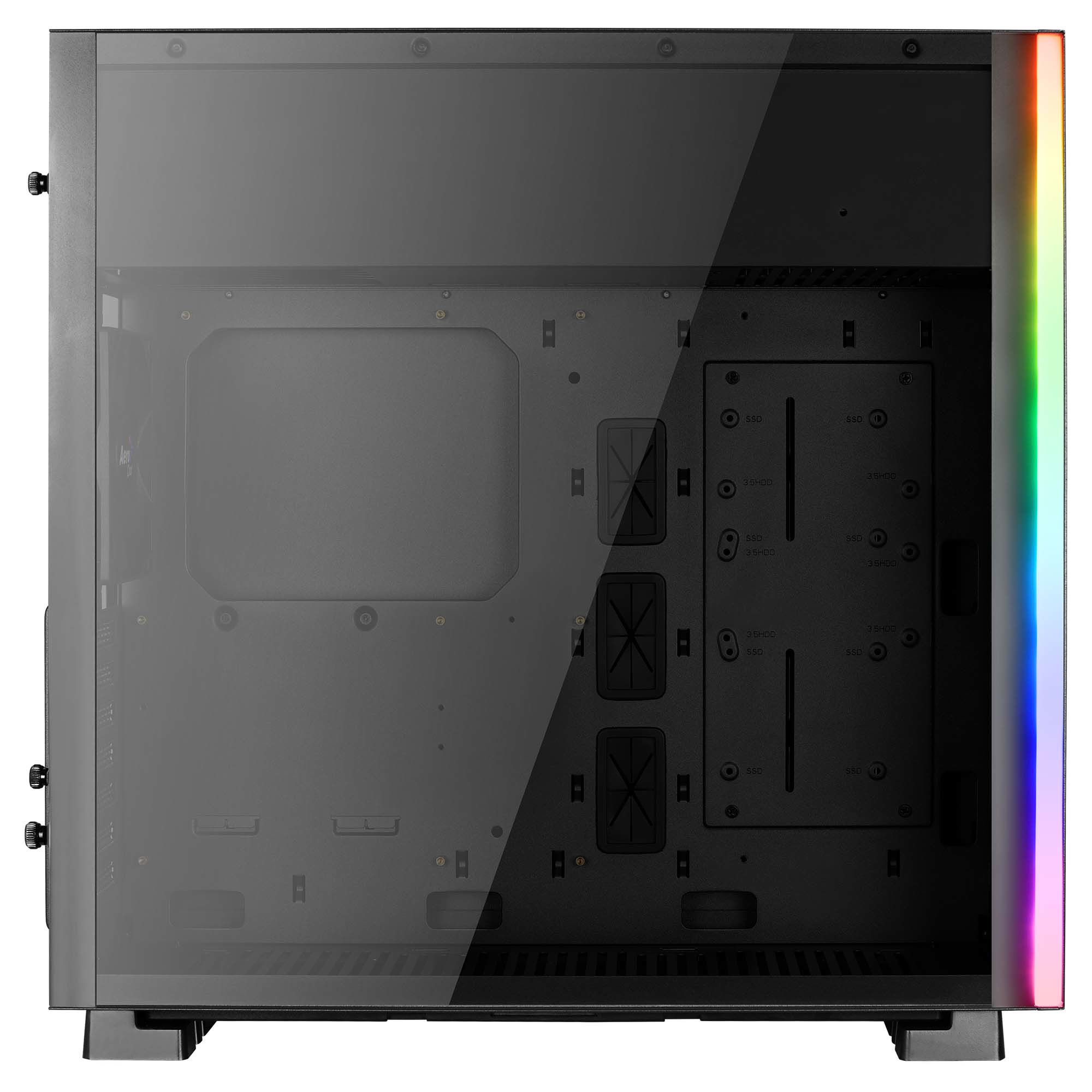 Vista laterale del case del PC con pannello in vetro. Il lato ha una striscia luminosa arcobaleno.
