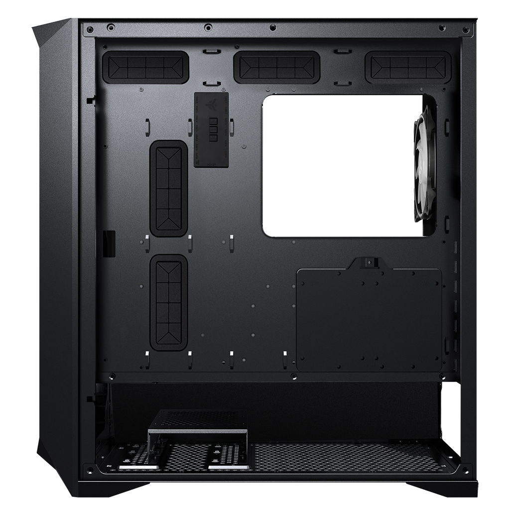 Interno di un case per PC nero. Visibili punti di montaggio, supporti ventole e spazio per componenti.