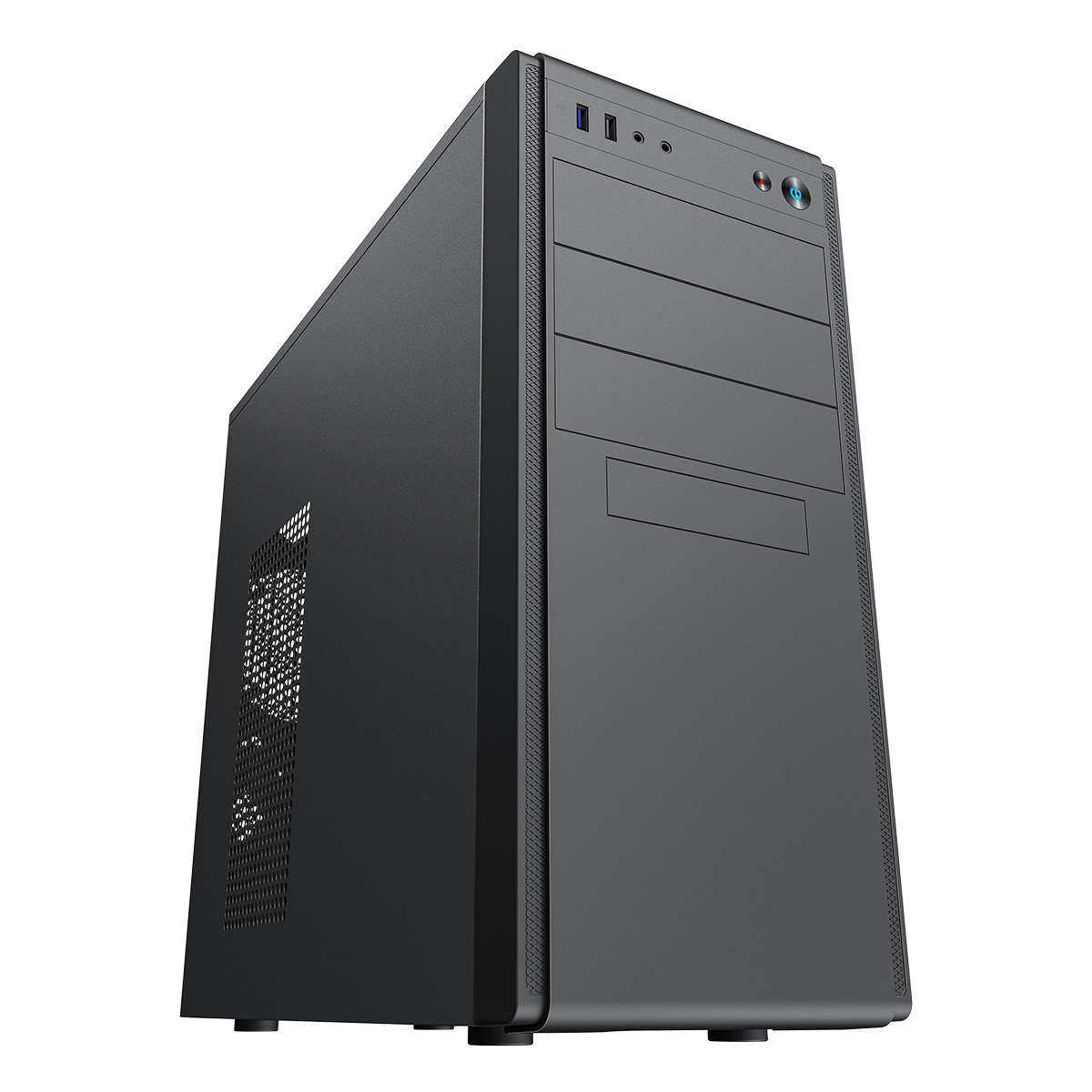 Case per PC nero con porte e pulsanti frontali. Design semplice, con una presa d'aria laterale.