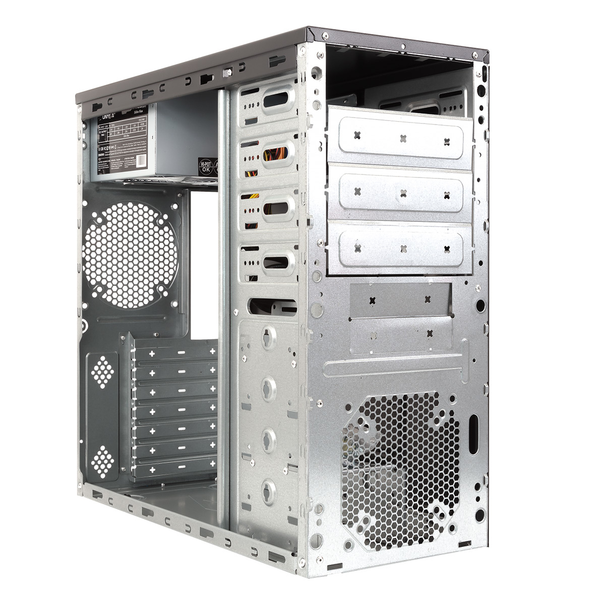 All'interno di un case per computer, con alimentatore e varie fessure per i componenti.