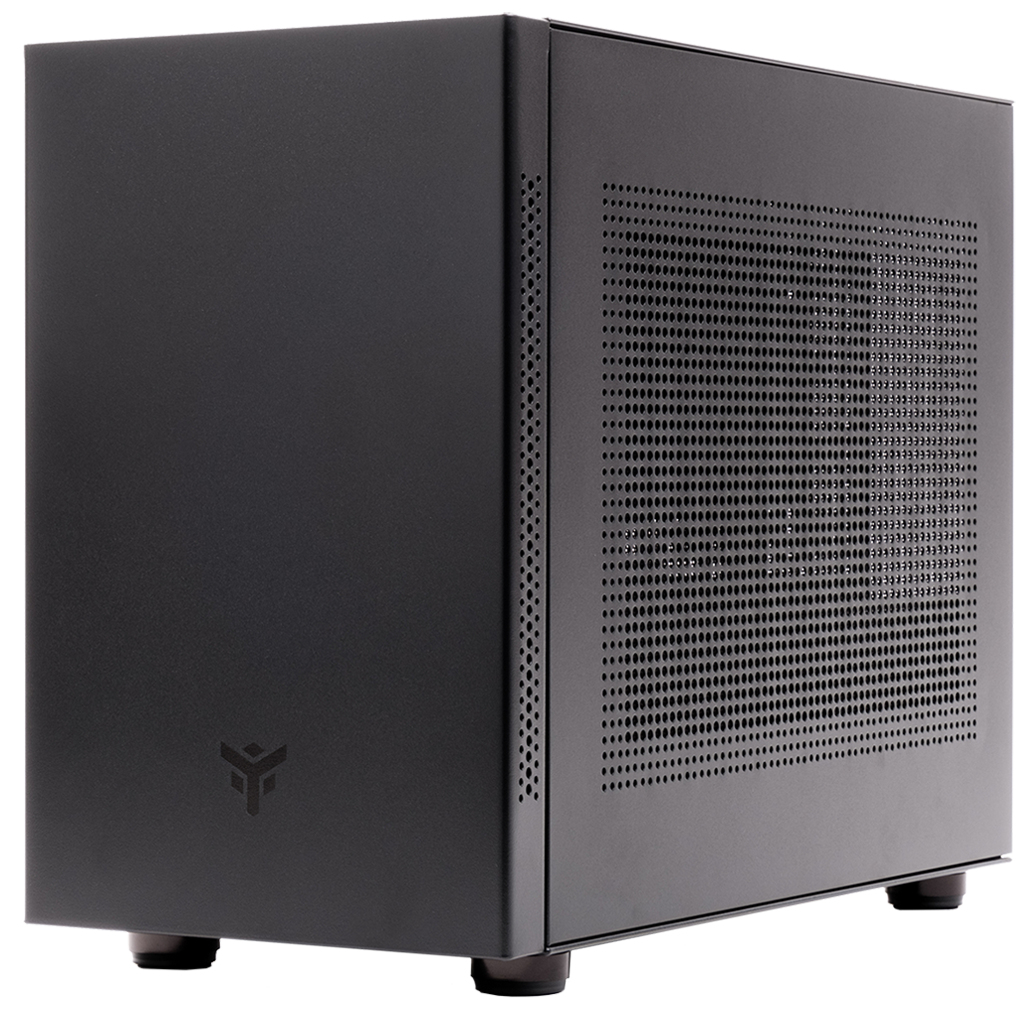 Case per computer nero con un design semplice. Ha una superficie liscia e poggia su piedini.